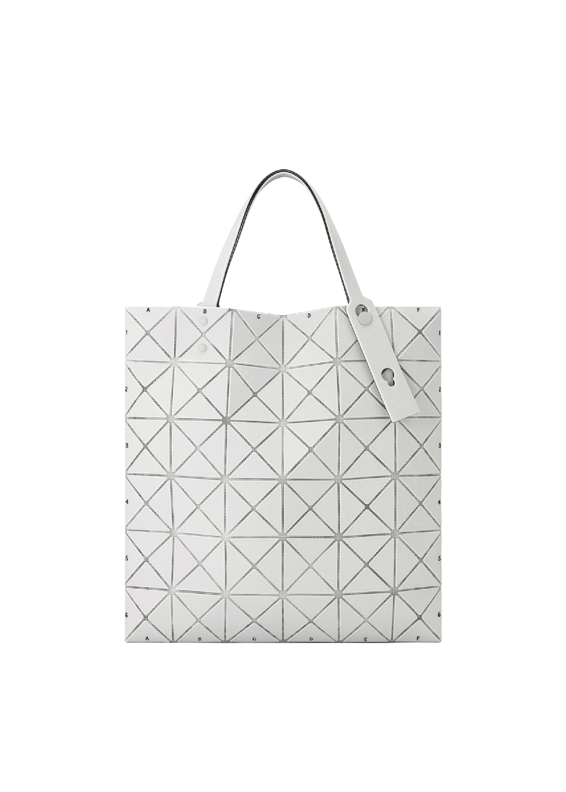 Zoomed view The BAO BAO ISSEY MIYAKE MAP tote bag is white with black triangular lines, features two handles and a minimalist design, and is displayed on a plain white background.