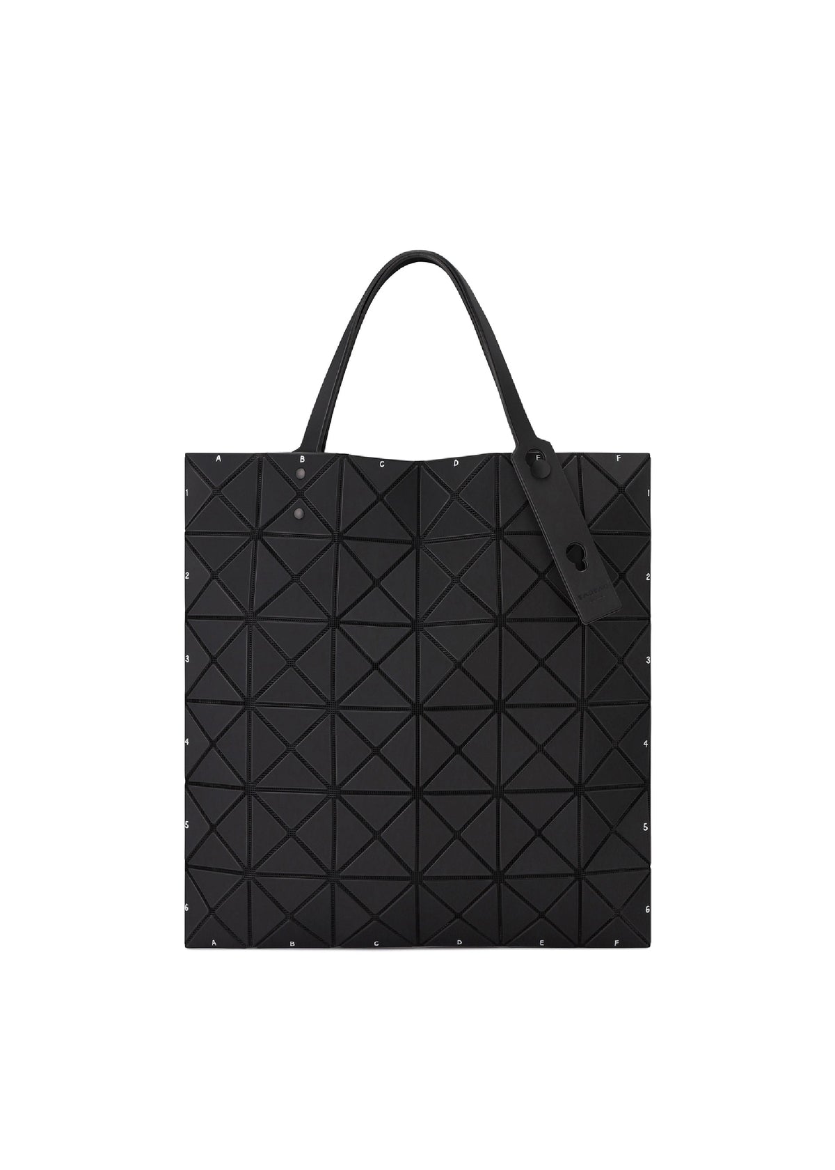 The BAO BAO ISSEY MIYAKE MAP tote bag features black geometric triangles, dual handles, and a decorative tag on one handle. view 4 of 10