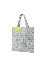 The BAO BAO ISSEY MIYAKE tote bag "MAP" features gray handles and a gray and white map design, accented with yellow and green highlights for a stylish look.
