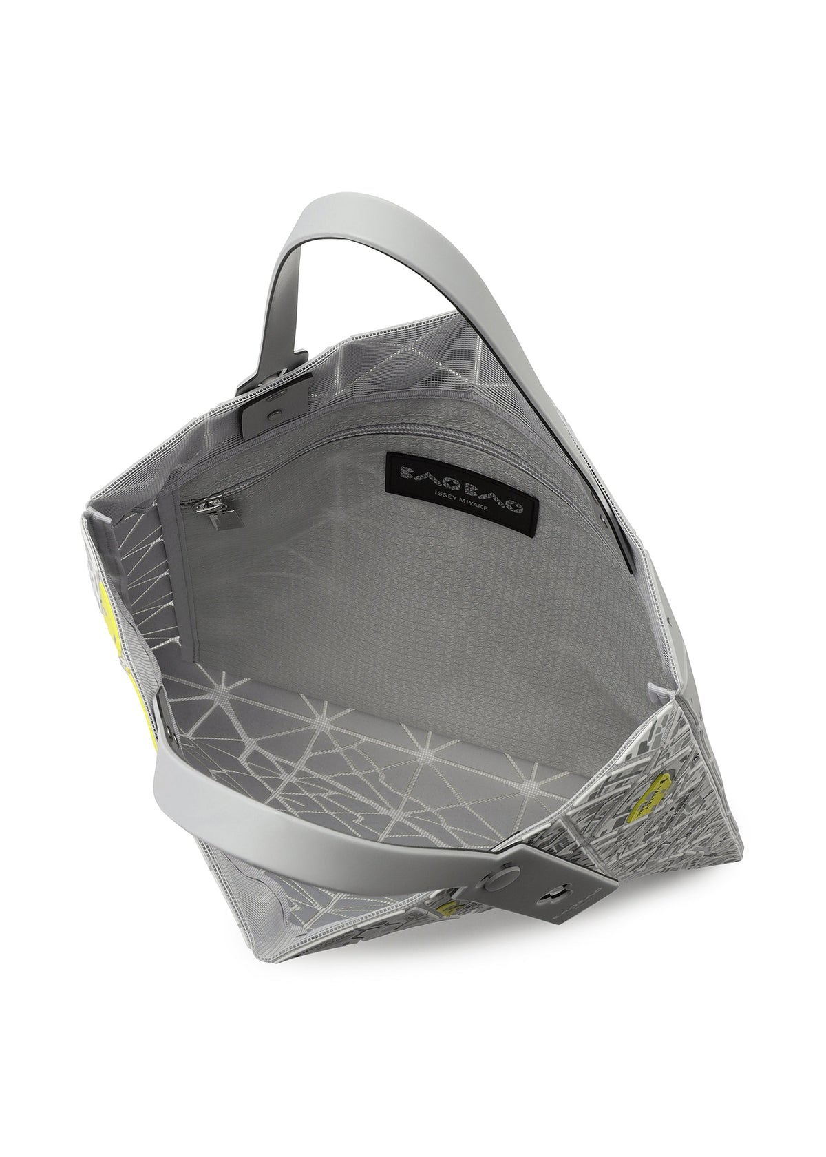 Open top view of a gray geometric BAO BAO ISSEY MIYAKE MAP tote bag with two handles, spacious interior, zippered pocket inside, and black BAO BAO label. view 8 of 10