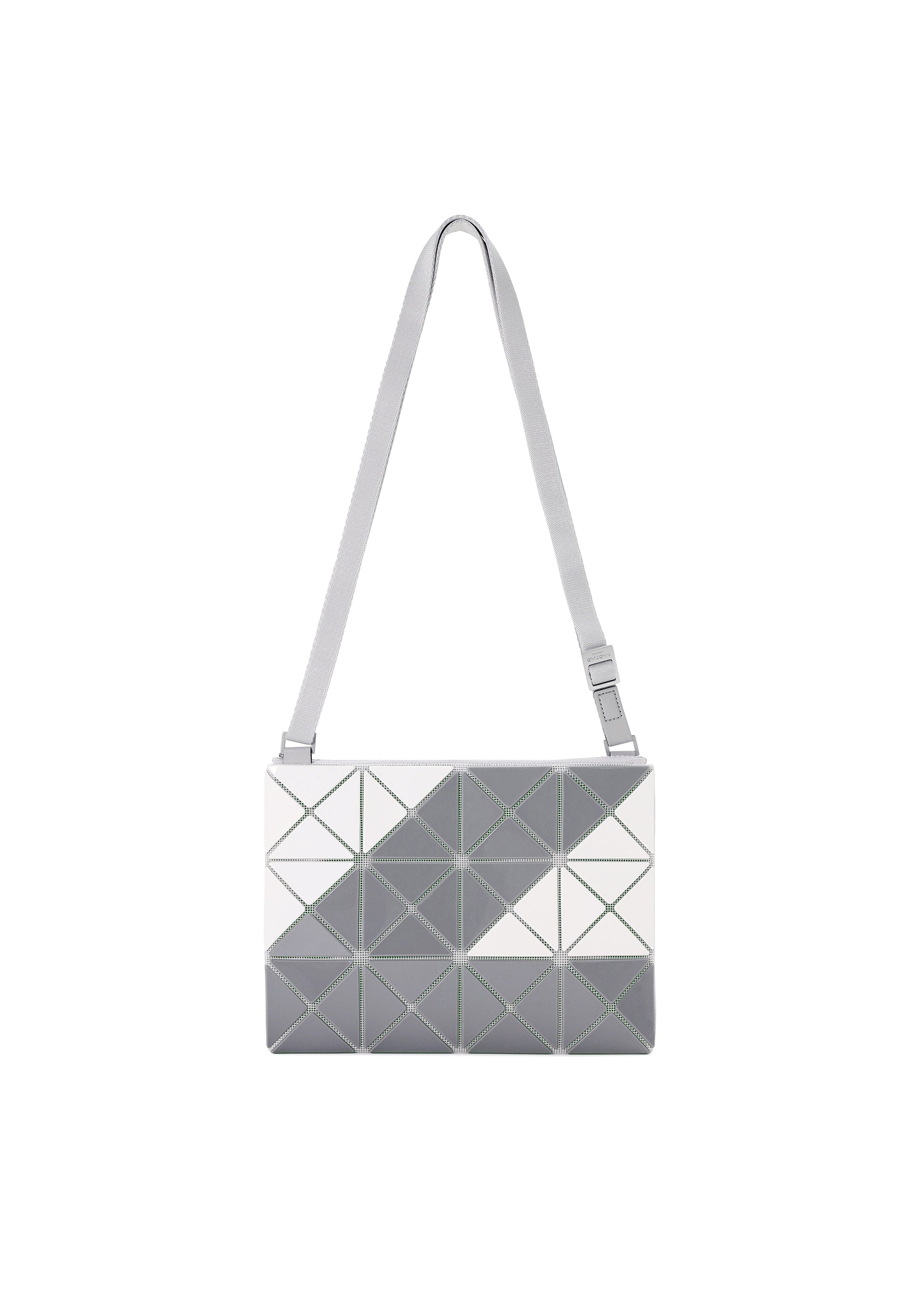 Zoomed view The SIGN bag by BAO BAO ISSEY MIYAKE features a sleek rectangular shape, a grey and white road sign-inspired triangular pattern, and a long adjustable grey strap. - GRAY （no.12）