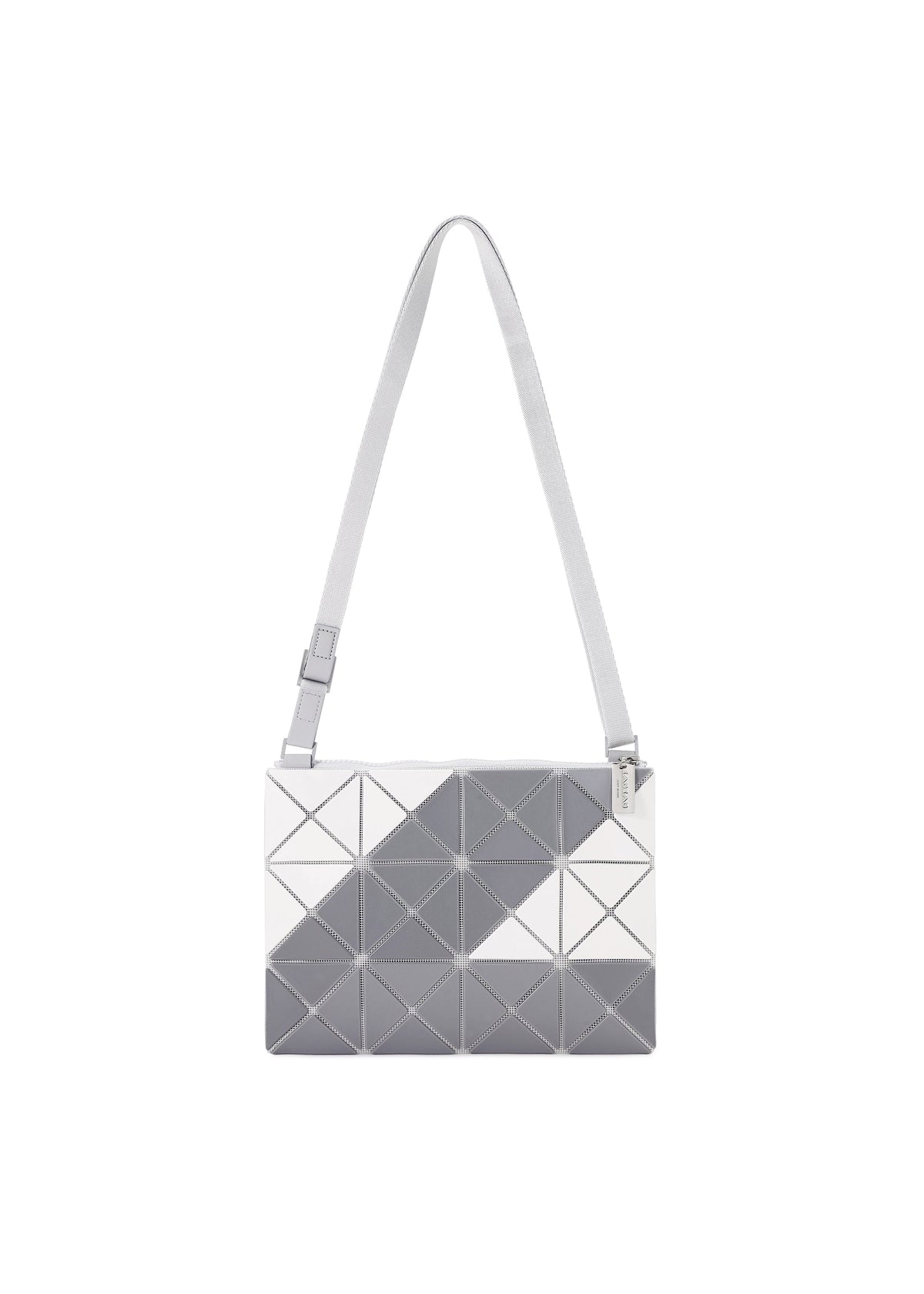 The SIGN shoulder bag by BAO BAO ISSEY MIYAKE features a white and gray geometric triangular pattern, a rectangular shape, a long adjustable strap, and a subtle road sign motif. view 2 of 6