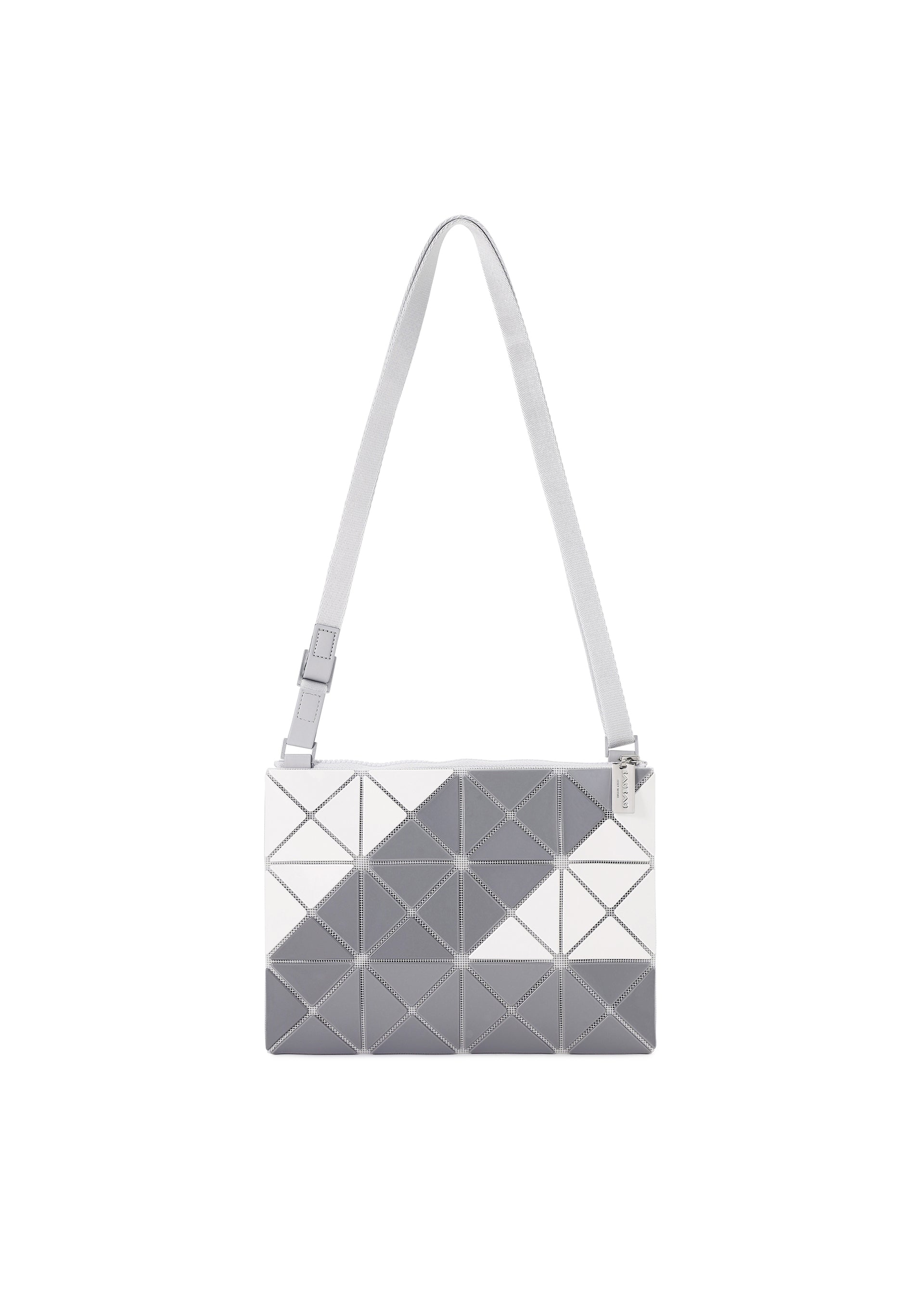 Zoomed view The SIGN shoulder bag by BAO BAO ISSEY MIYAKE features a white and gray geometric triangular pattern, a rectangular shape, a long adjustable strap, and a subtle road sign motif.