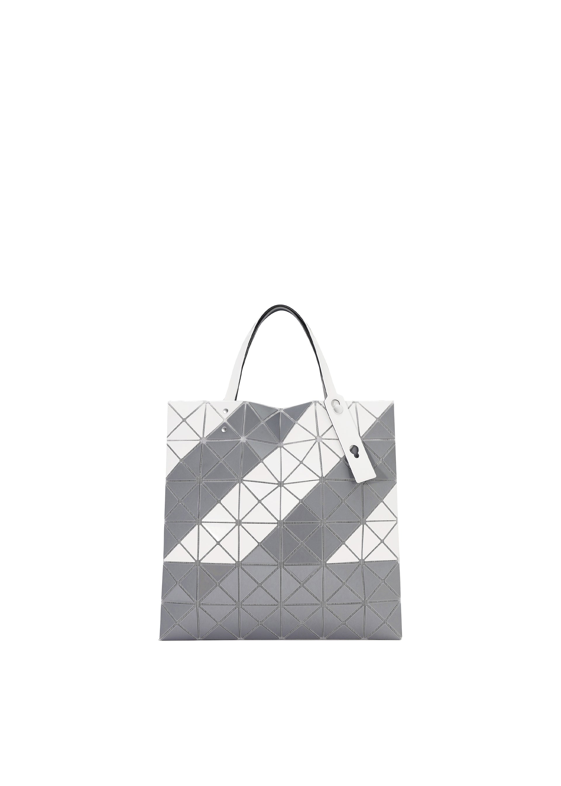Zoomed view The SIGN tote by BAO BAO ISSEY MIYAKE features a geometric triangular pattern in grey and white, two white handles, a small tag, and a zippered interior pocket ideal for essentials. - GRAY （no.12）
