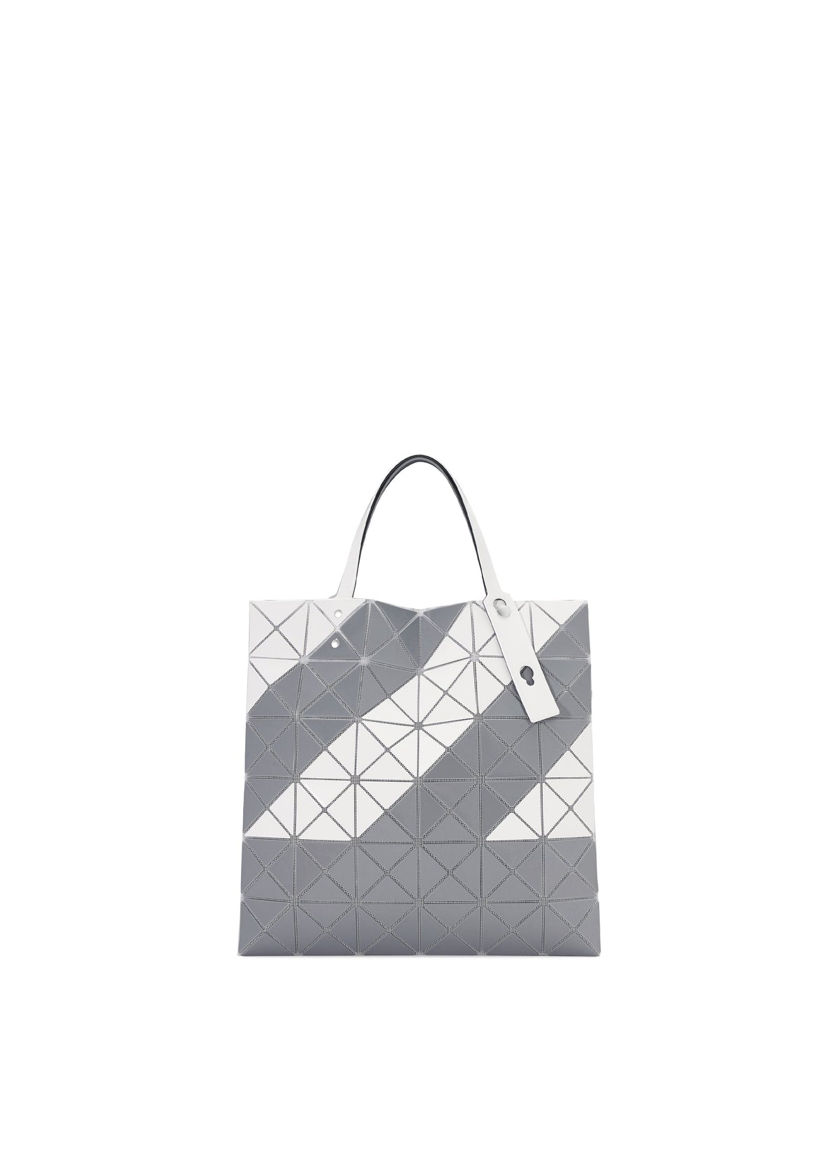 The SIGN tote bag by BAO BAO ISSEY MIYAKE features a gray and white geometric pattern with triangles, two white handles, a zippered inside pocket, and fits A4 documents—shown on a plain white background. view 2 of 6