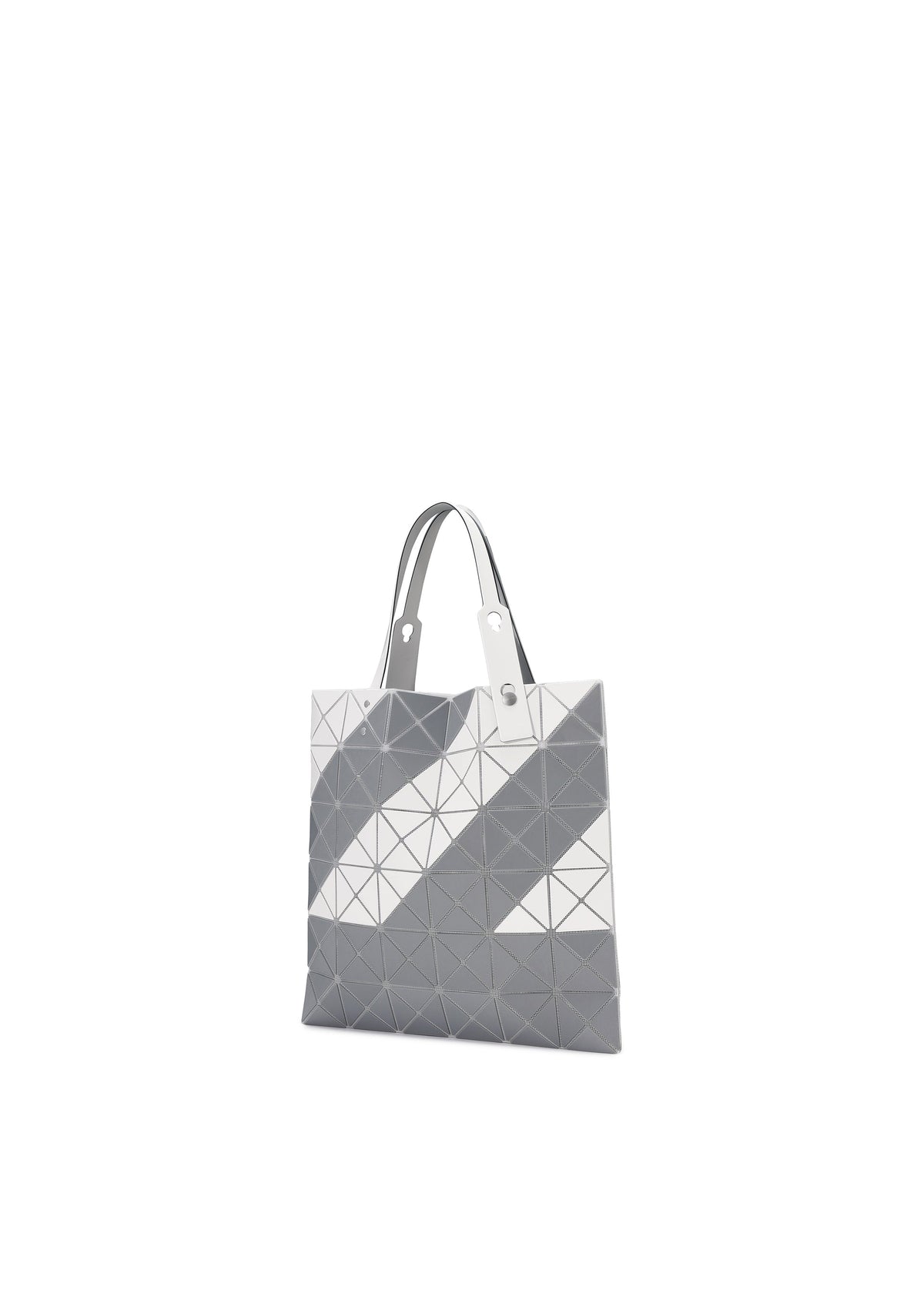 The SIGN tote bag by BAO BAO ISSEY MIYAKE features gray and white geometric triangular panels, two gray handles, and a zippered interior pocket—ideal for carrying A4-sized documents. Shown against a plain white background. view 3 of 6