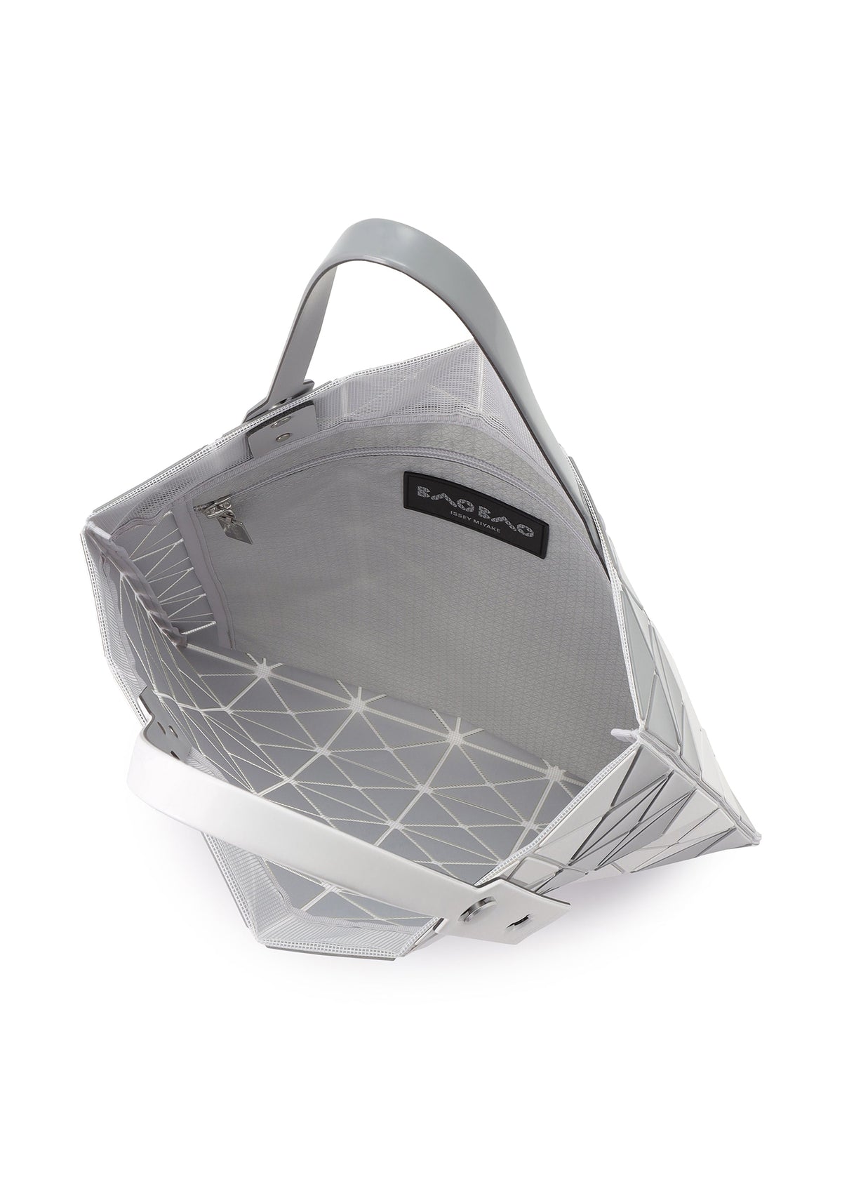 The SIGN tote by BAO BAO ISSEY MIYAKE features a geometric silver grid design, spacious interior for A4 files, an inner zip pocket, and a black brand label. Sturdy metallic handles complete this stylish and functional accessory. view 5 of 6
