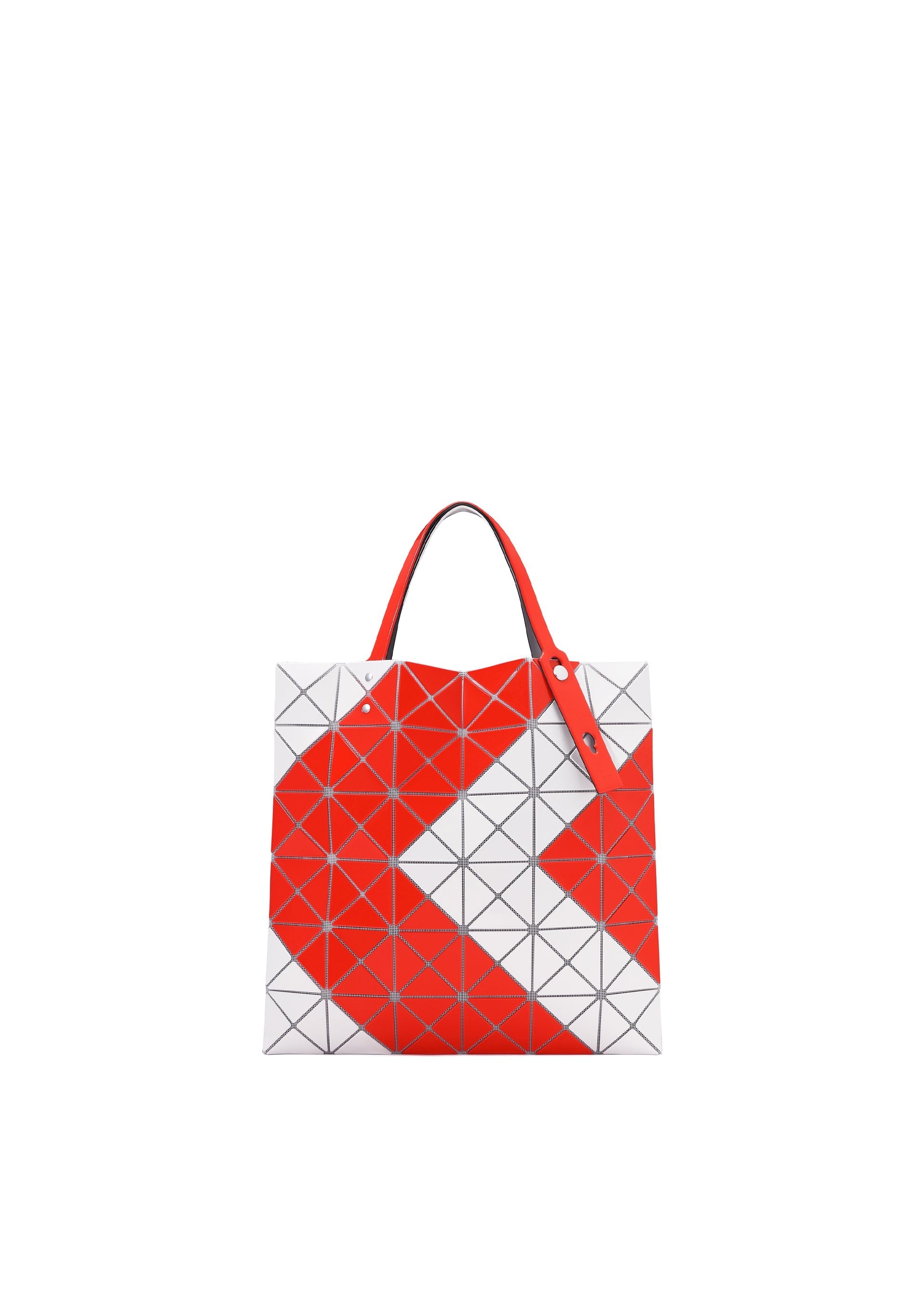 Zoomed view The SIGN tote by BAO BAO ISSEY MIYAKE features a geometric white base with black triangles and a bold red arrow. Its two-tone handles and spacious interior easily fit A4 documents or a 13-inch laptop, blending style and function.