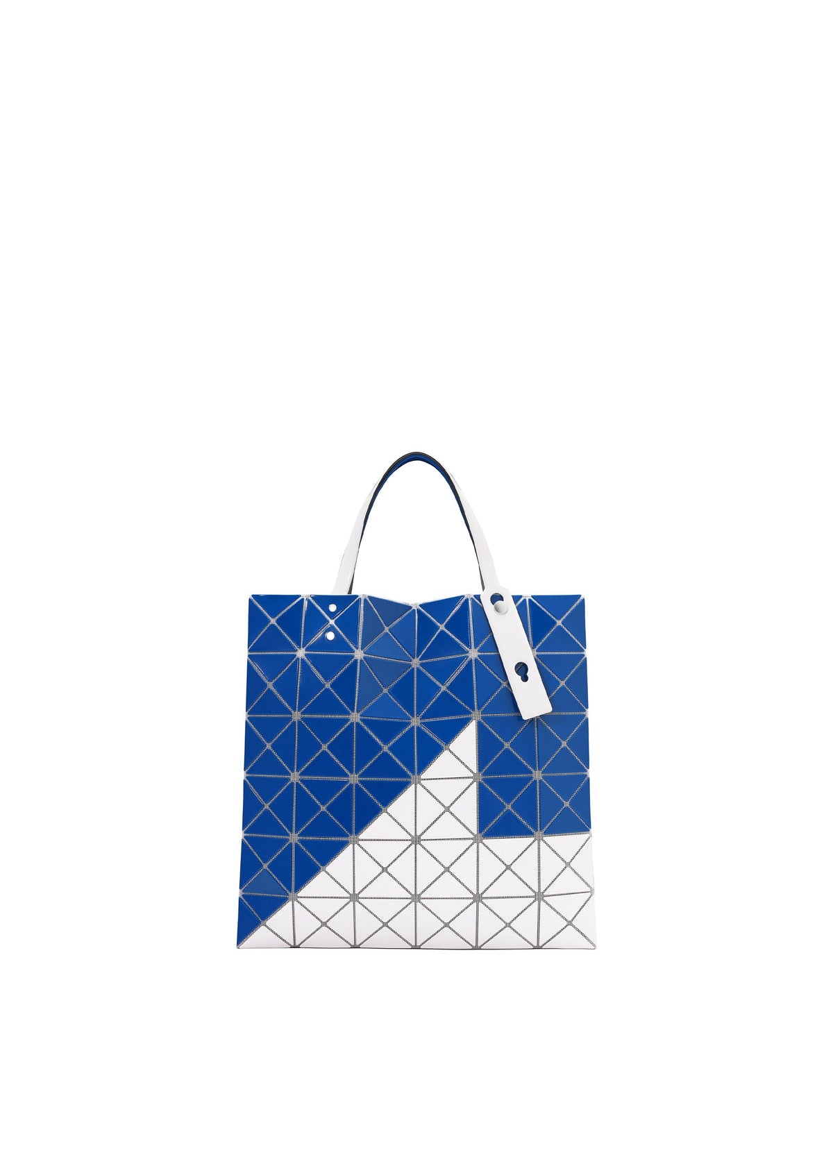 The SIGN tote bag by BAO BAO ISSEY MIYAKE features blue and white geometric triangular panels, two white handles, and a spacious design to fit A4 documents or a 13-inch laptop. Shown against a plain white background. view 1 of 6