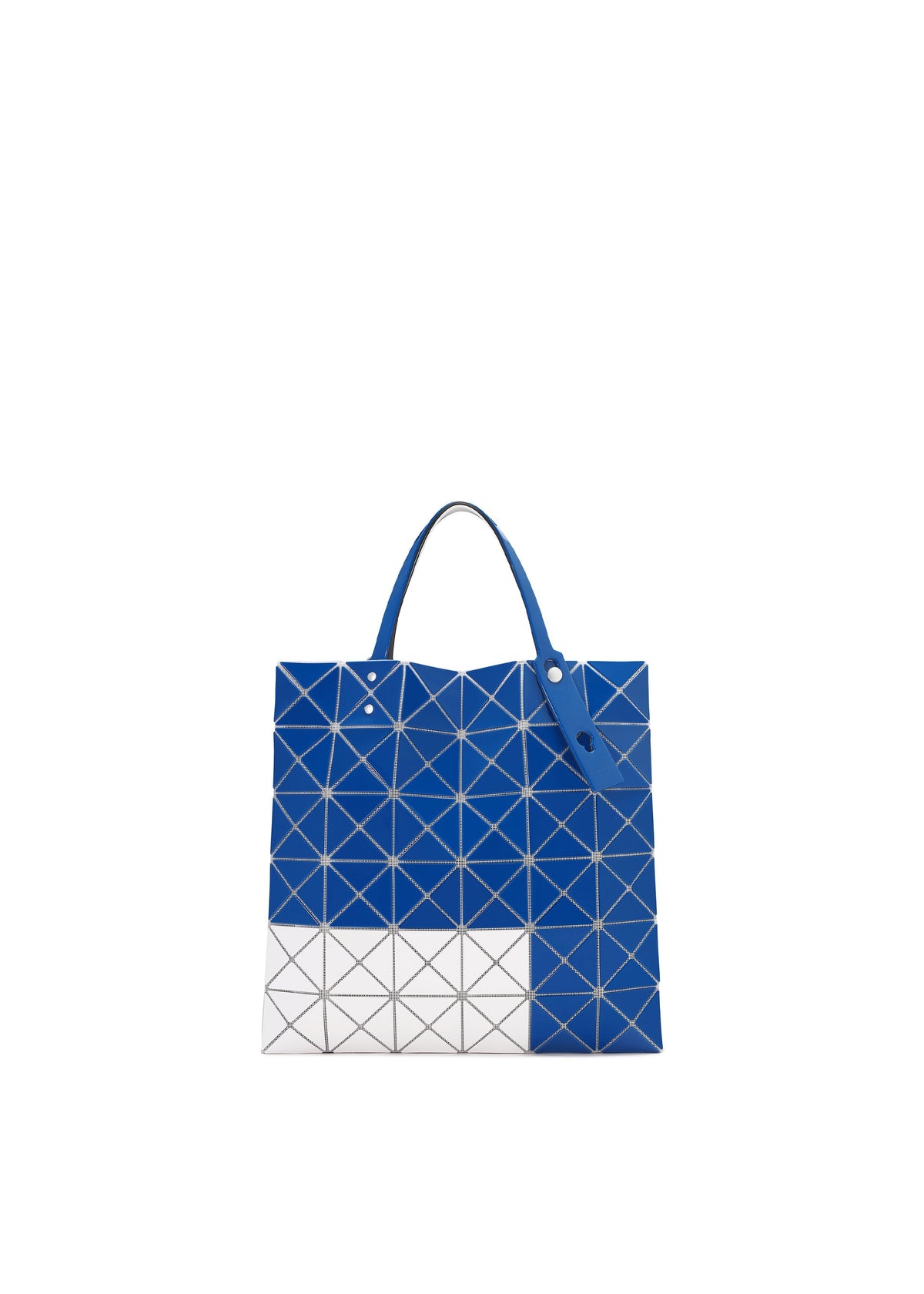 The SIGN tote by BAO BAO ISSEY MIYAKE features a blue and white grid with triangular segments, blue handles, and a contrasting white corner. Designed to fit a 13-inch laptop or A4 documents, it's both geometric and practical. view 2 of 6