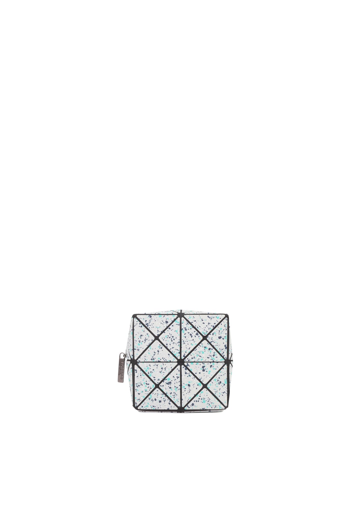 The CITY pouch by BAO BAO ISSEY MIYAKE, featuring a cube shape, white geometric surface with blue speckles, zipper closure, and side tag, is displayed at center on a plain white background. view 1 of 8