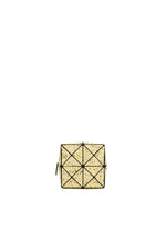 The CITY pouch by BAO BAO ISSEY MIYAKE is a small, square yellow accessory with a unique geometric triangular pattern, black outlines and speckles, sturdy gusset, and left-side zipper, displayed on a plain white background. - SAND BEIGE （no.47）