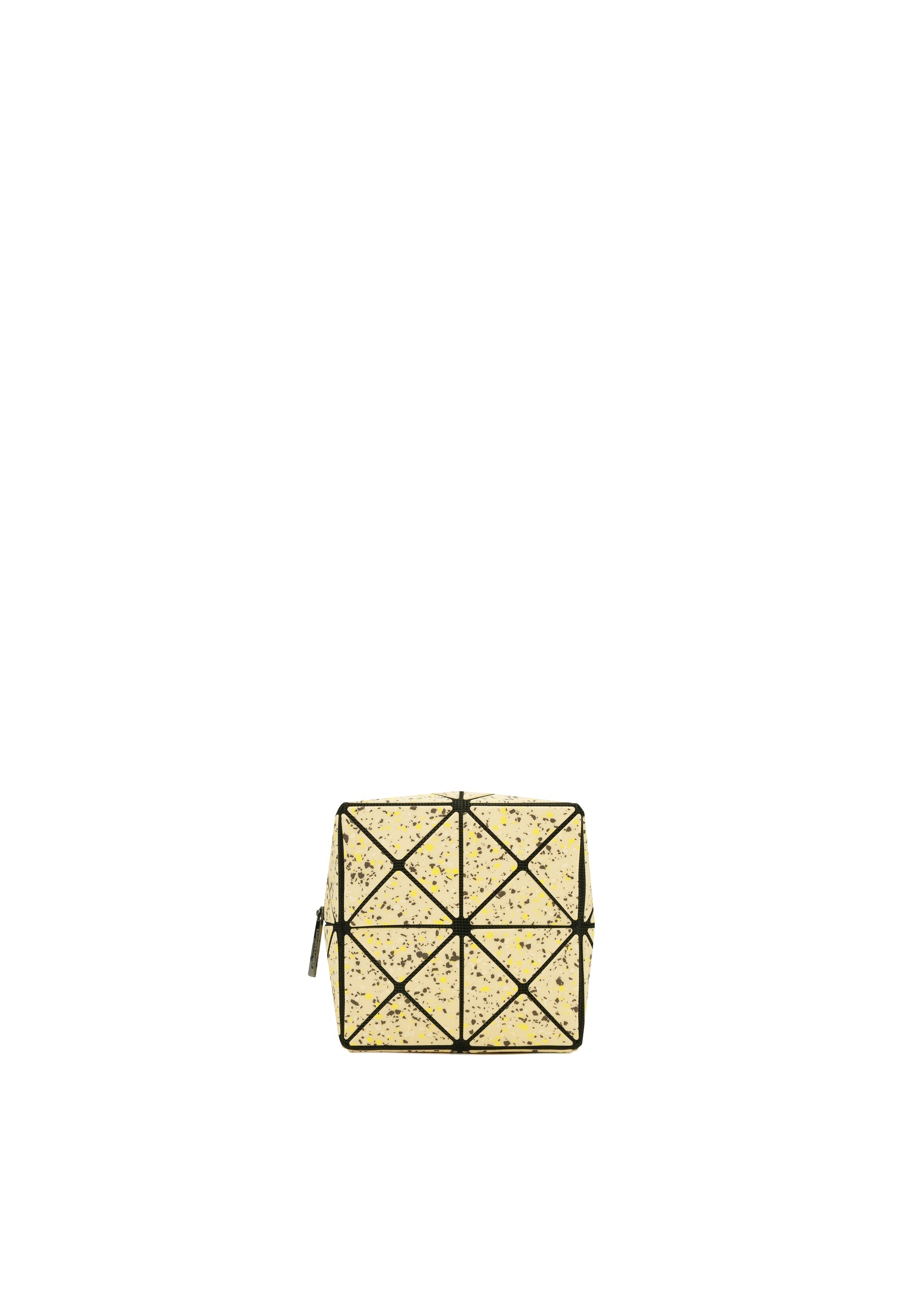 Zoomed view The CITY pouch by BAO BAO ISSEY MIYAKE is a small, square yellow accessory with a unique geometric triangular pattern, black outlines and speckles, sturdy gusset, and left-side zipper, displayed on a plain white background. - SAND BEIGE （no.47）