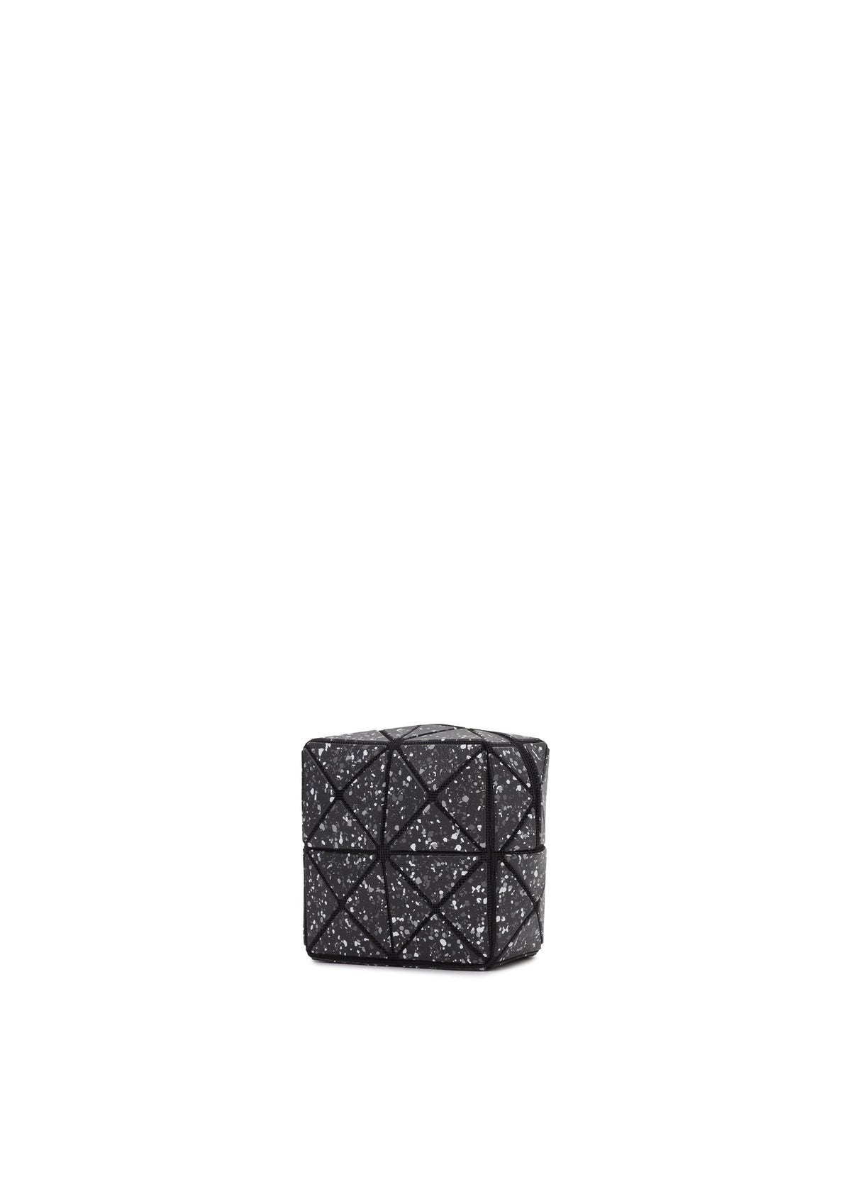 The CITY pouch by BAO BAO ISSEY MIYAKE is a small, black, box-shaped accessory featuring a geometric triangular pattern with white speckles, displayed against a plain white background. view 5 of 8