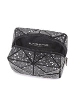 The CITY pouch by BAO BAO ISSEY MIYAKE features a black geometric pattern with white speckles, a sturdy gusset design, and a black interior with a visible brand label.