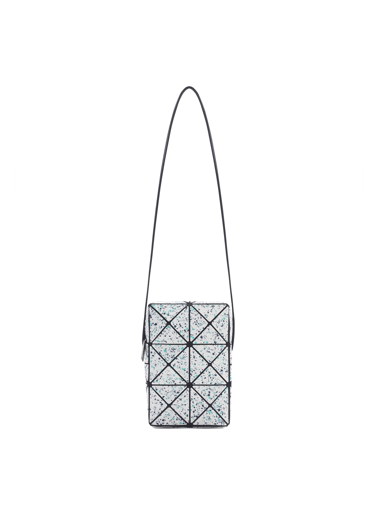 The CITY shoulder bag by BAO BAO ISSEY MIYAKE features a geometric white design with black triangular lines, small blue speckles, a leather-like matte finish, and an adjustable black strap, shown on a plain white background. view 1 of 9