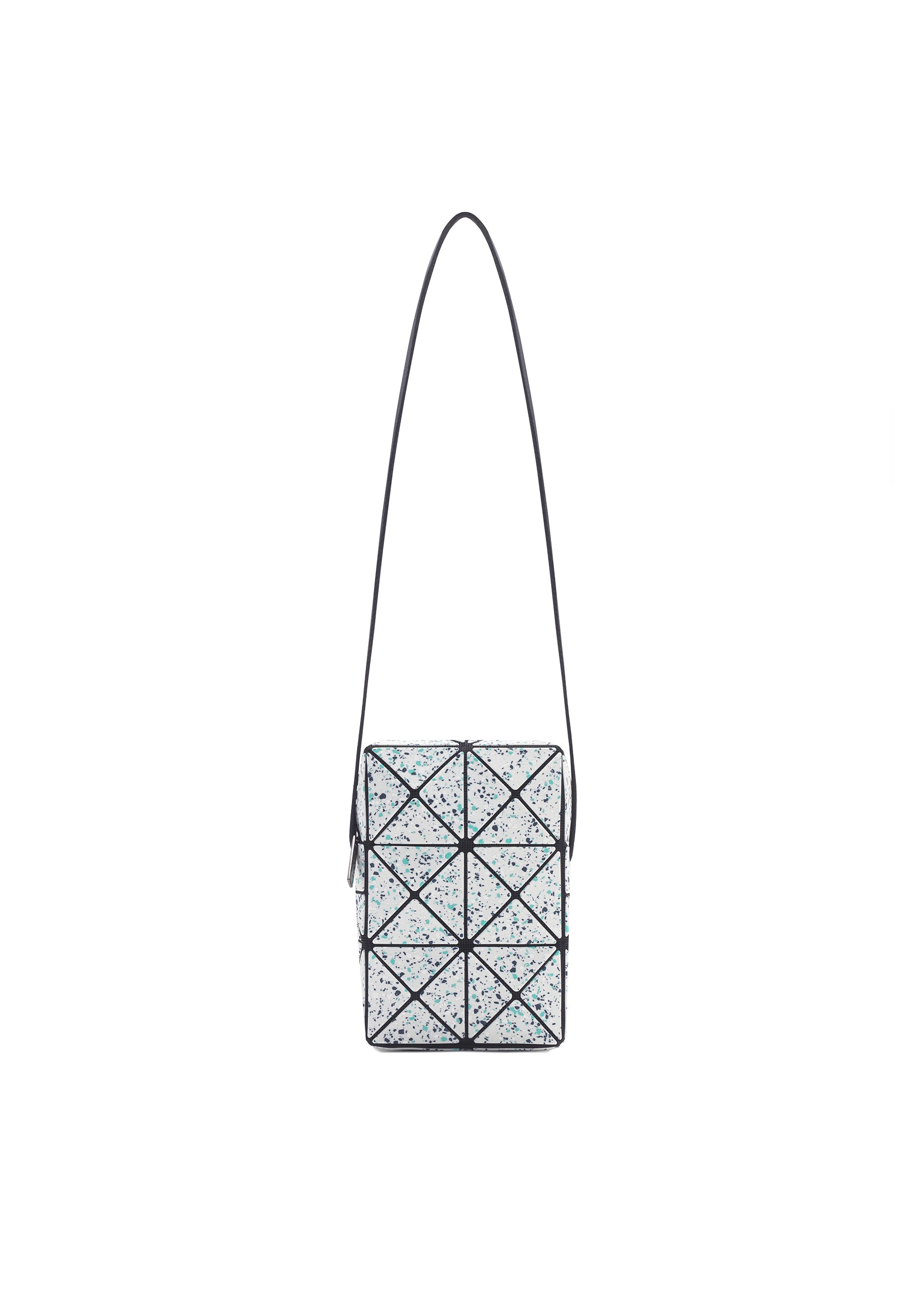 Zoomed view The CITY shoulder bag by BAO BAO ISSEY MIYAKE features a geometric white design with black triangular lines, small blue speckles, a leather-like matte finish, and an adjustable black strap, shown on a plain white background. - STONE GRAY （no.09）