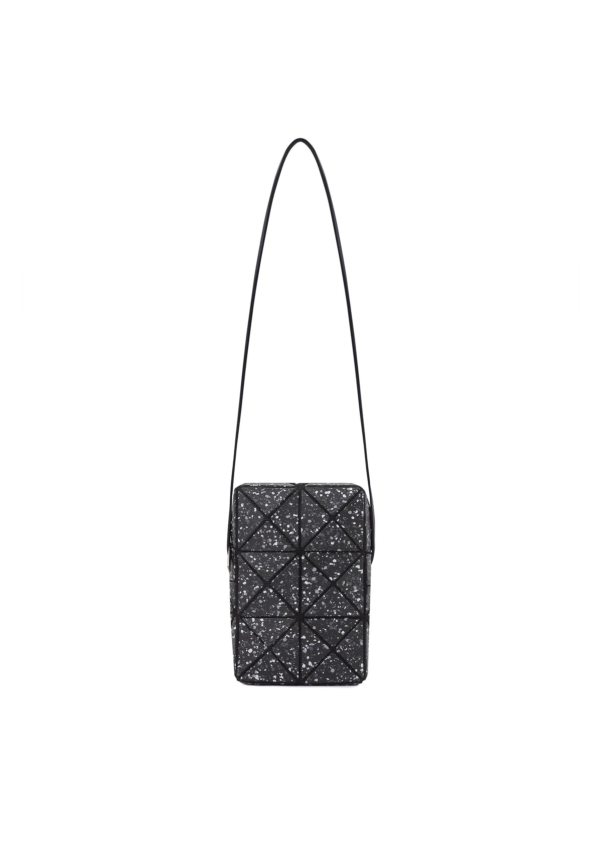 The BAO BAO ISSEY MIYAKE CITY bag is a black rectangular shoulder bag with a leather-like matte finish, geometric quilted pattern, and glittery surface. It includes an adjustable strap and is shown against a plain white background. view 2 of 9