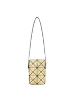 The CITY bag by BAO BAO ISSEY MIYAKE is a small yellow rectangular crossbody with black-outlined geometric triangles, crafted from matte leather-like material and features a thin adjustable strap, shown against a white background. - SAND BEIGE （no.47）