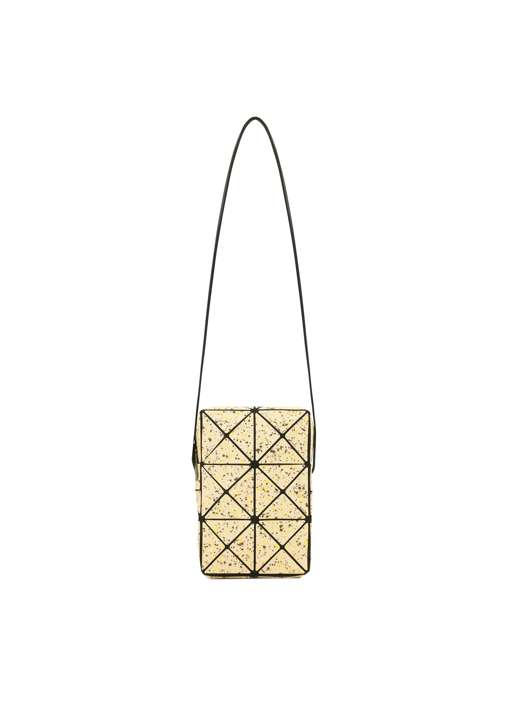 Zoomed view The CITY bag by BAO BAO ISSEY MIYAKE is a small yellow rectangular crossbody with black-outlined geometric triangles, crafted from matte leather-like material and features a thin adjustable strap, shown against a white background. - SAND BEIGE （no.47）
