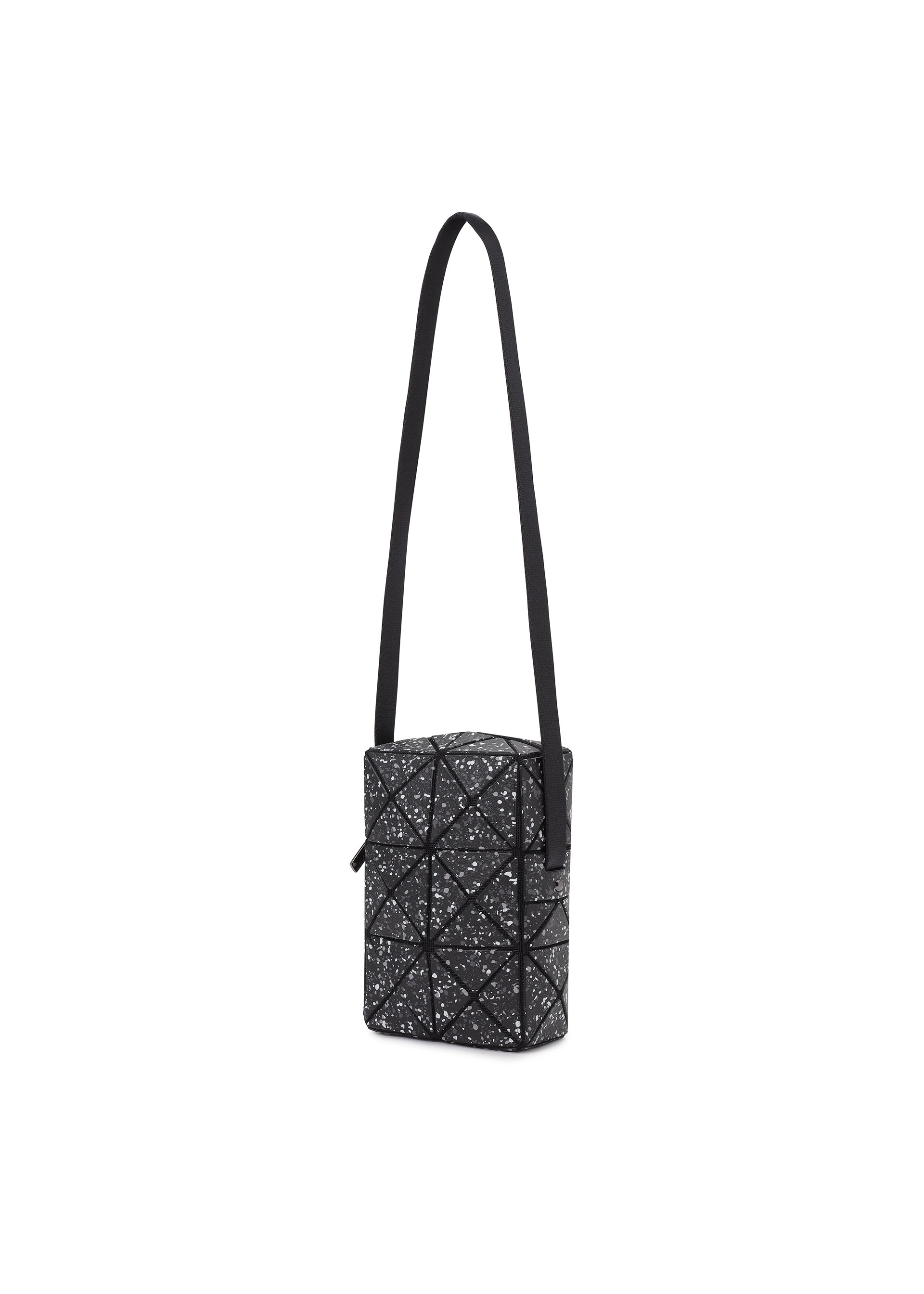 Zoomed view The CITY bag by BAO BAO ISSEY MIYAKE is a small, rectangular shoulder bag in black with a matte, leather-like finish. It features a geometric triangular pattern with white speckles, an adjustable strap, and zippered closure.