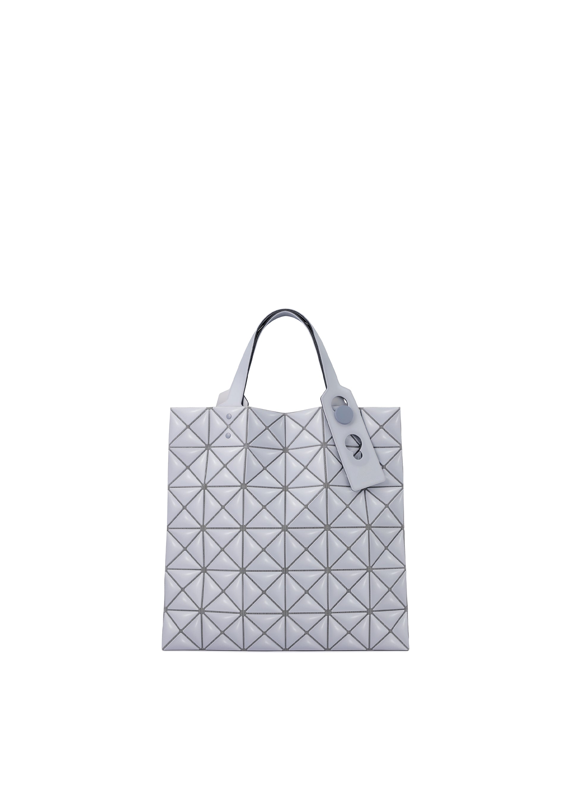 Zoomed view The MINIATURE tote by BAO BAO ISSEY MIYAKE features a silver geometric design with triangular patterns, crafted from matte leather-like material, oversized metal hardware, two handles, and a matching tag against a white background. - GRAY （no.12）