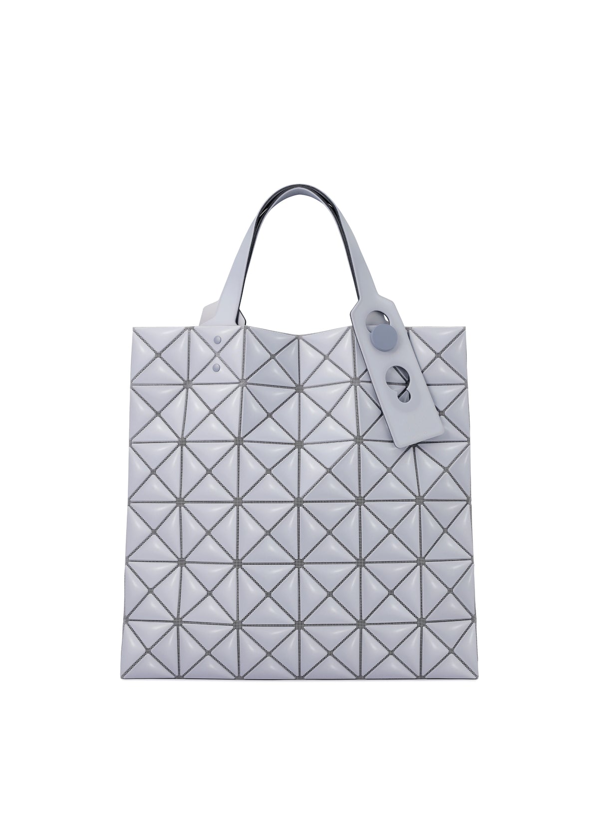 The MINIATURE tote bag by BAO BAO ISSEY MIYAKE features a silver geometric design with a textured triangular pattern, two short handles, oversized metal hardware, and a matching tag, crafted from a leather-like material. view 1 of 9