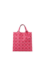 The MINIATURE tote bag by BAO BAO ISSEY MIYAKE features bright pink quilted geometric patterns, two handles with oversized metal hardware, and a rectangular tag, all displayed against a plain white background. - CHERRY PINK （no.26）