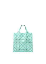 The MINIATURE tote bag by BAO BAO ISSEY MIYAKE features a turquoise geometric triangular pattern, two short handles with oversized metal hardware, and a matching tag, shown against a plain white background. - MINT GREEN （no.60）