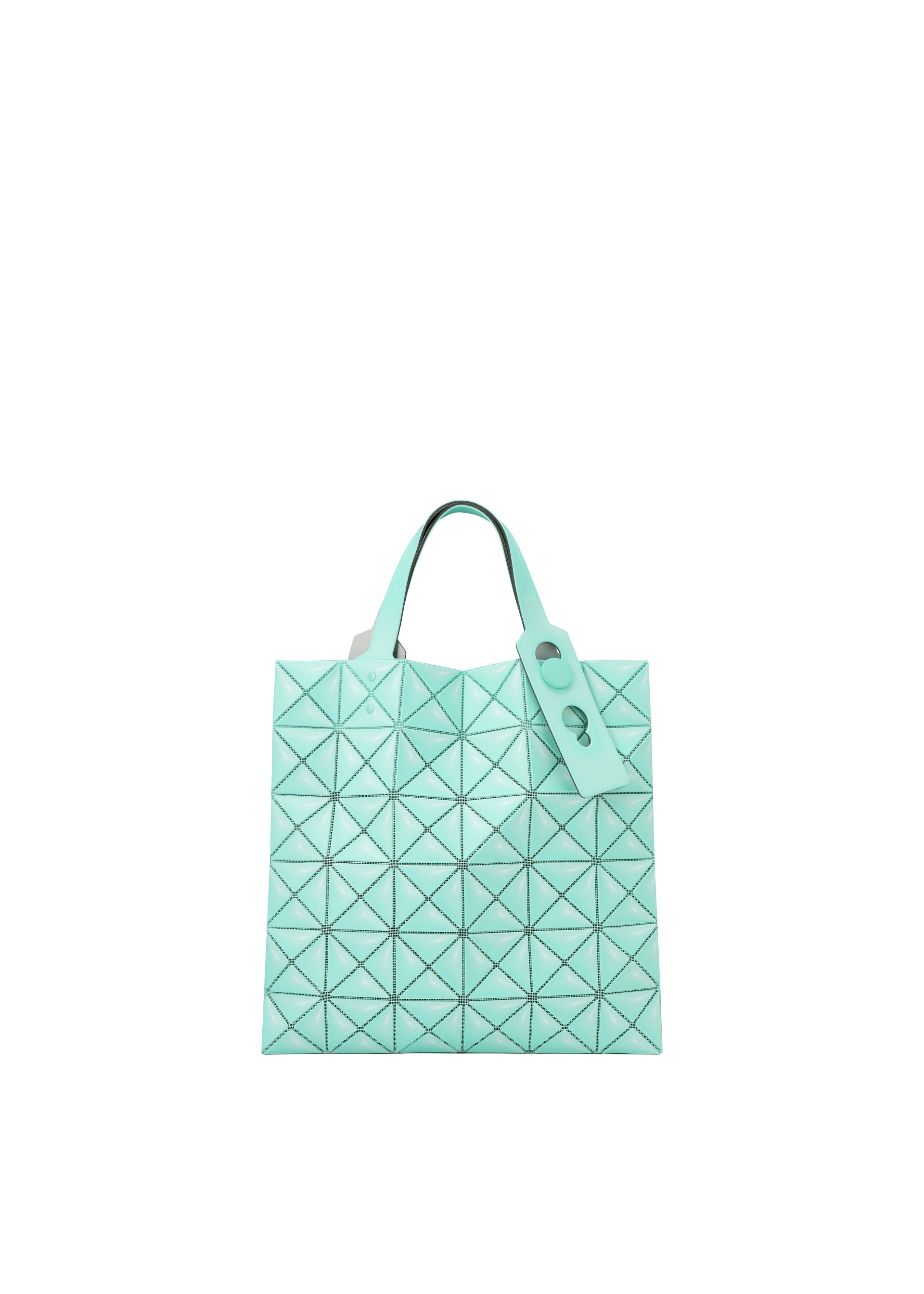 Zoomed view The MINIATURE tote bag by BAO BAO ISSEY MIYAKE features a turquoise geometric triangular pattern, two short handles with oversized metal hardware, and a matching tag, shown against a plain white background. - MINT GREEN （no.60）