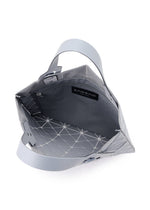 Open view of the MINIATURE tote by BAO BAO ISSEY MIYAKE in gray with a geometric leather-like matte finish, wide handle, spacious mesh-lined interior, and black BAO BAO label.