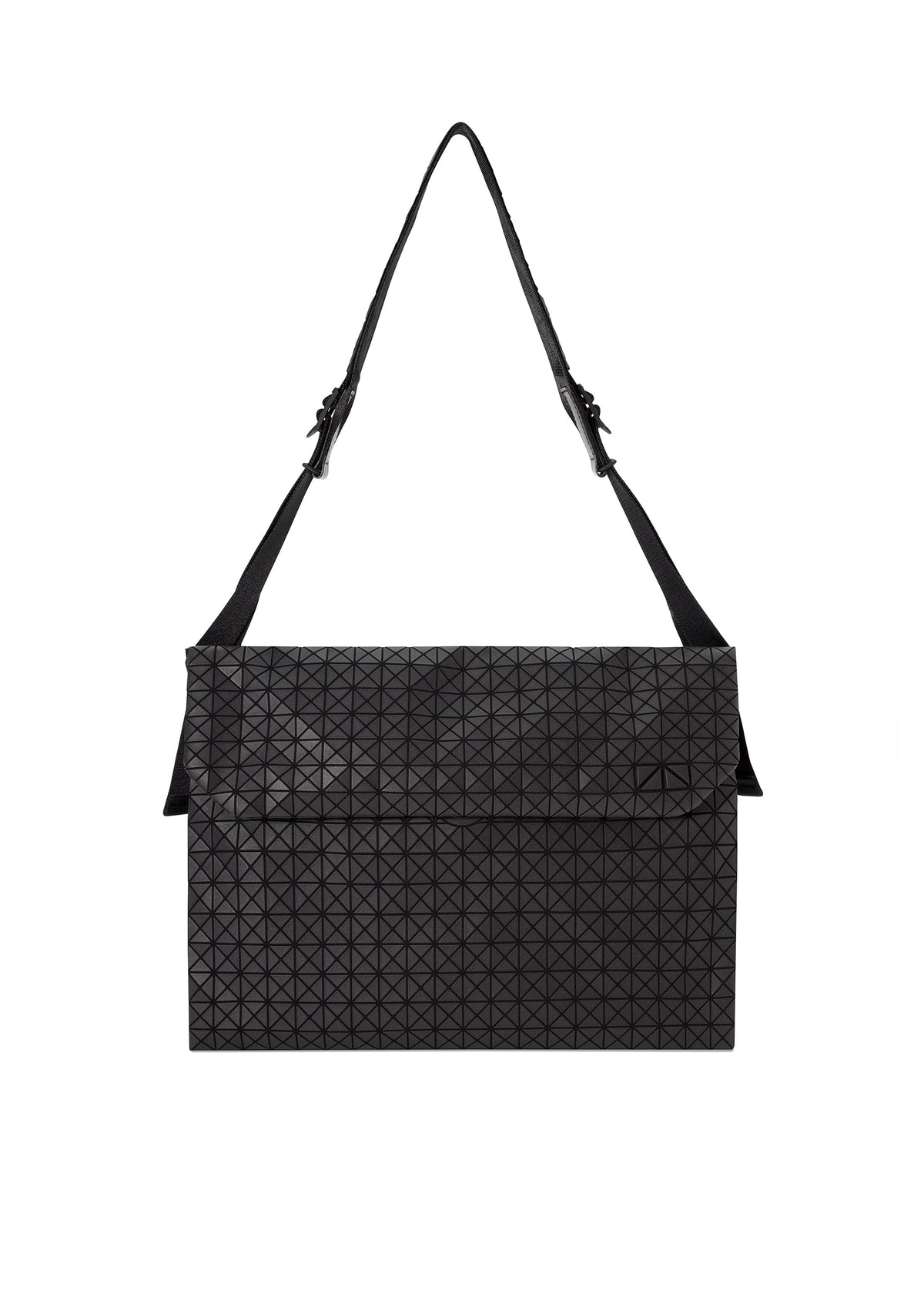 The FROGGY shoulder bag by BAO BAO ISSEY MIYAKE features a black geometric triangle pattern, adjustable straps, and a spacious interior, shown against a white background. view 1 of 6