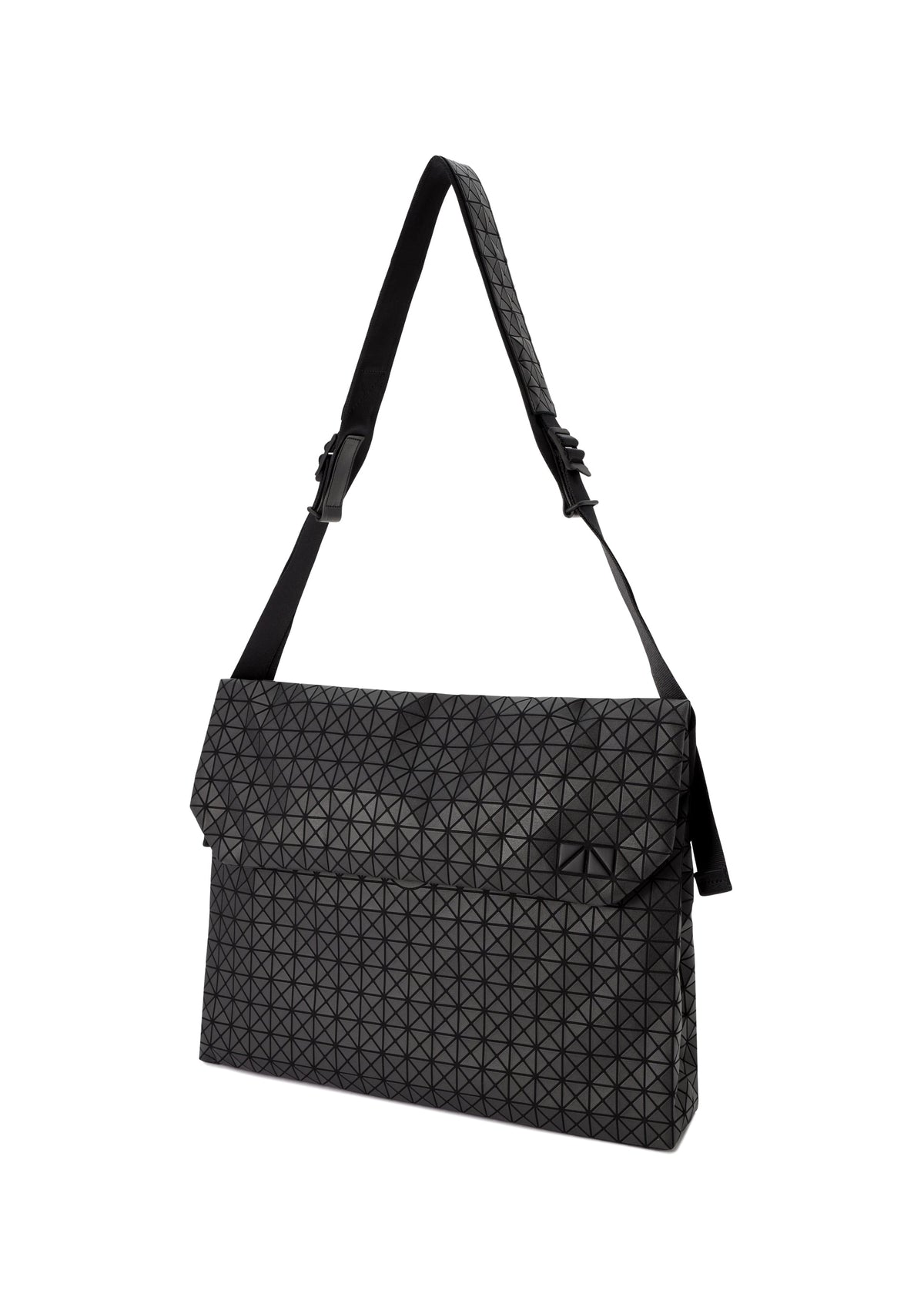 The FROGGY shoulder bag by BAO BAO ISSEY MIYAKE is a black bag with a geometric pattern, featuring an adjustable strap, a flap closure, and a spacious interior, displayed against a white background. view 2 of 6