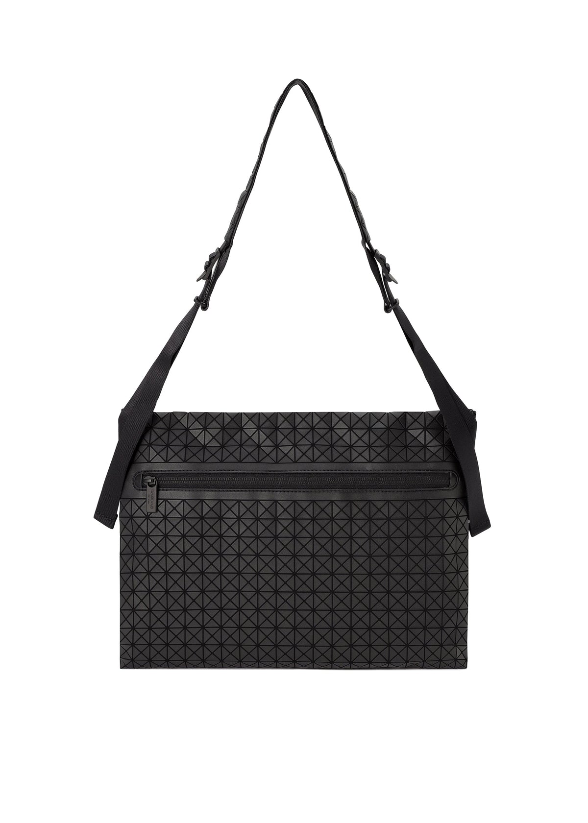 The FROGGY shoulder bag by BAO BAO ISSEY MIYAKE is a black rectangular bag featuring a textured geometric triangle pattern, a zippered front pocket, adjustable straps, and spacious storage capacity, shown against a white background. view 3 of 6