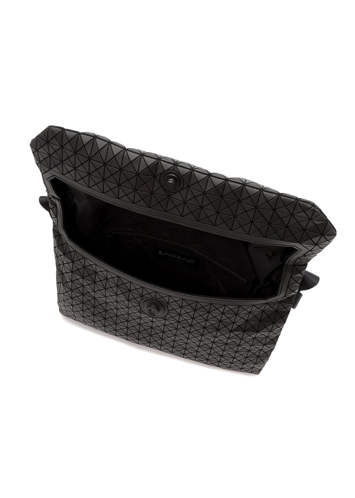 Zoomed view Open black “FROGGY” shoulder bag by BAO BAO ISSEY MIYAKE, featuring a geometric pattern, button closure, adjustable straps, and an interior pocket with the brand label inside.