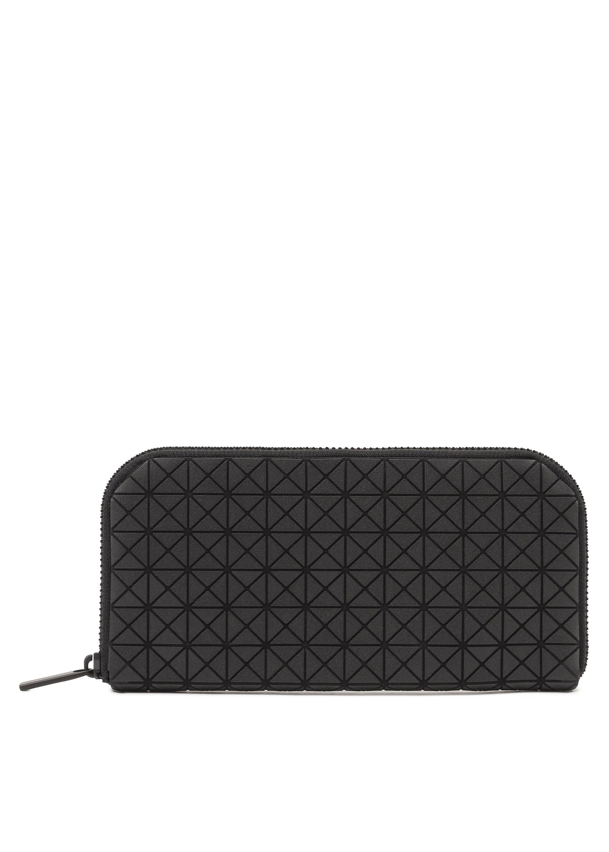 Zoomed view The BOUND wallet by BAO BAO ISSEY MIYAKE is a black zippered accessory with an embossed geometric triangle pattern, offering convenient card slots and a spacious passport pocket, shown against a white background. - MATTE BLACK （no.16）