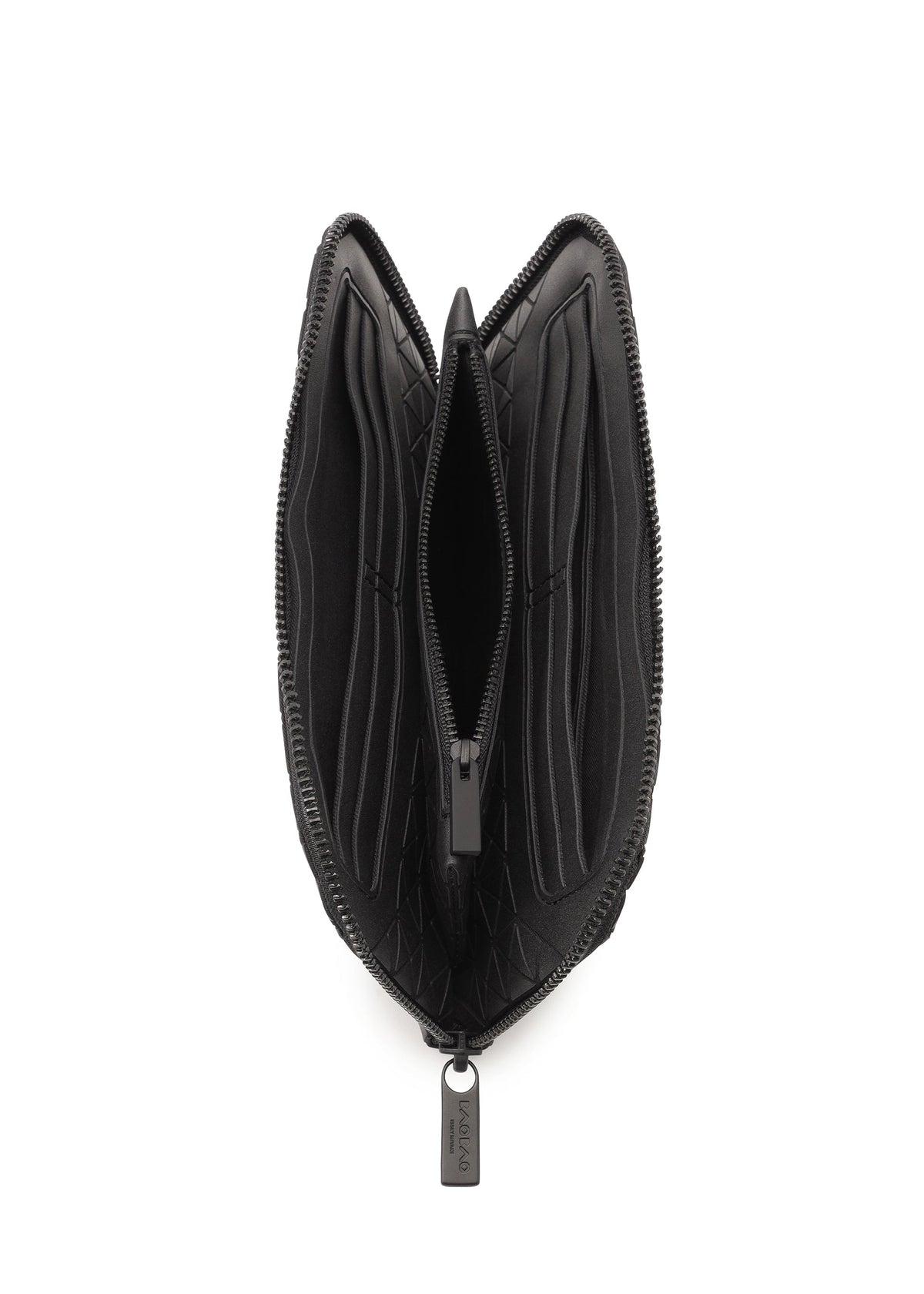 The BOUND wallet by BAO BAO ISSEY MIYAKE is a black zippered design that opens vertically to reveal a symmetrical, organized interior with multiple card slots and a central pocket, all secured by a small rectangular pull tab. view 4 of 4