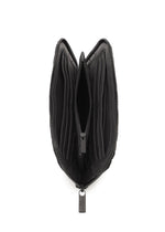 The BOUND wallet by BAO BAO ISSEY MIYAKE is a black zippered design that opens vertically to reveal a symmetrical, organized interior with multiple card slots and a central pocket, all secured by a small rectangular pull tab.