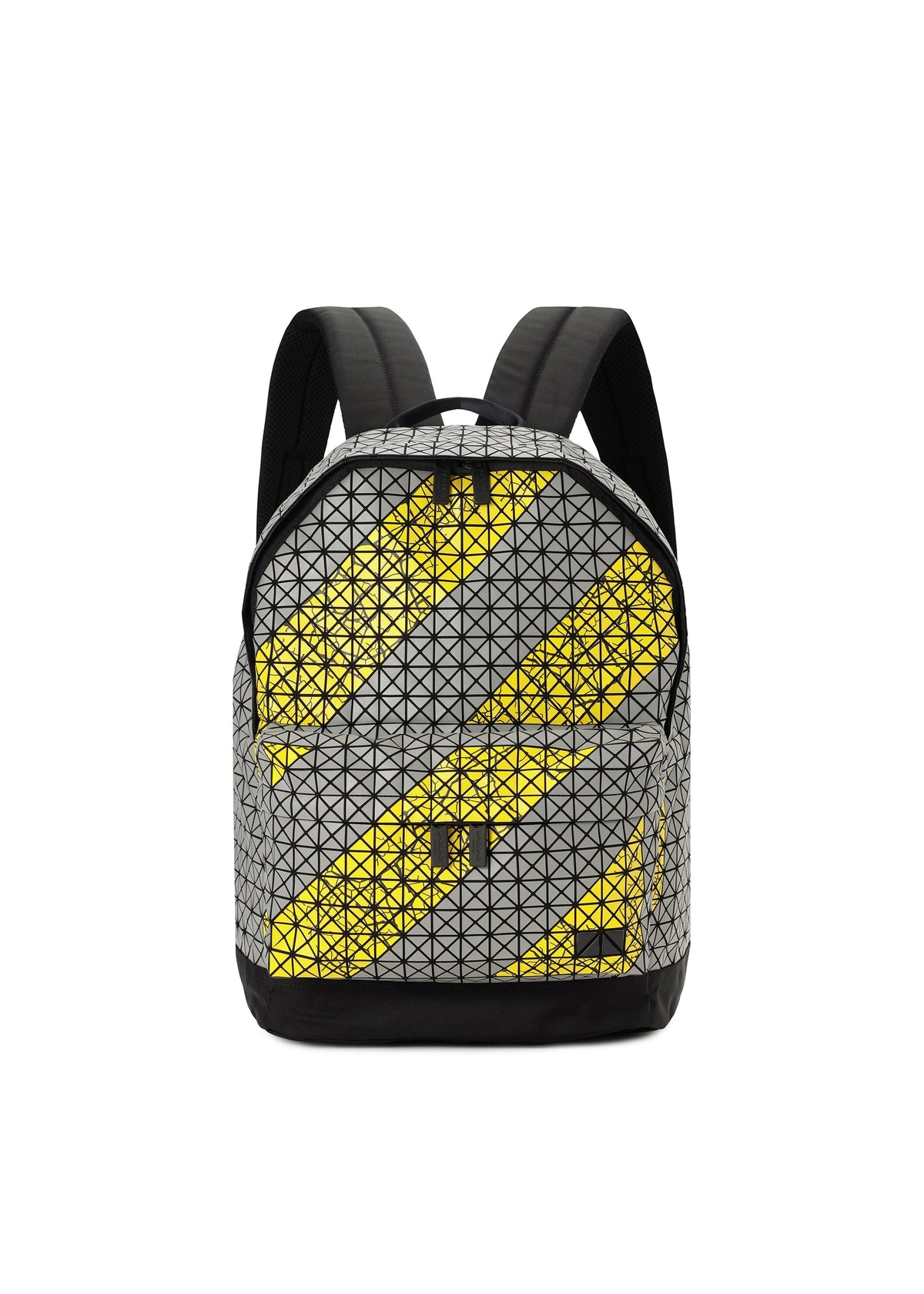 The DAYPACK AUTOBAHN by BAO BAO ISSEY MIYAKE, with a reflective silver geometric surface, black straps, yellow diagonal stripes, and small triangles, is photographed against a plain white background. view 1 of 7