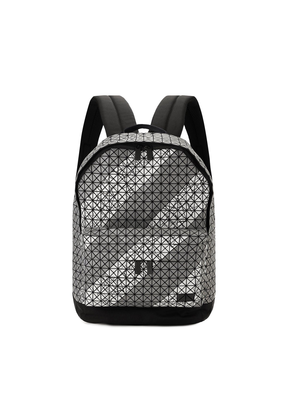 The BAO BAO ISSEY MIYAKE DAYPACK AUTOBAHN is a modern unisex backpack with a gray and black geometric triangular grid pattern, adjustable padded shoulder straps, and a zippered front pocket, displayed on a white background. view 2 of 7