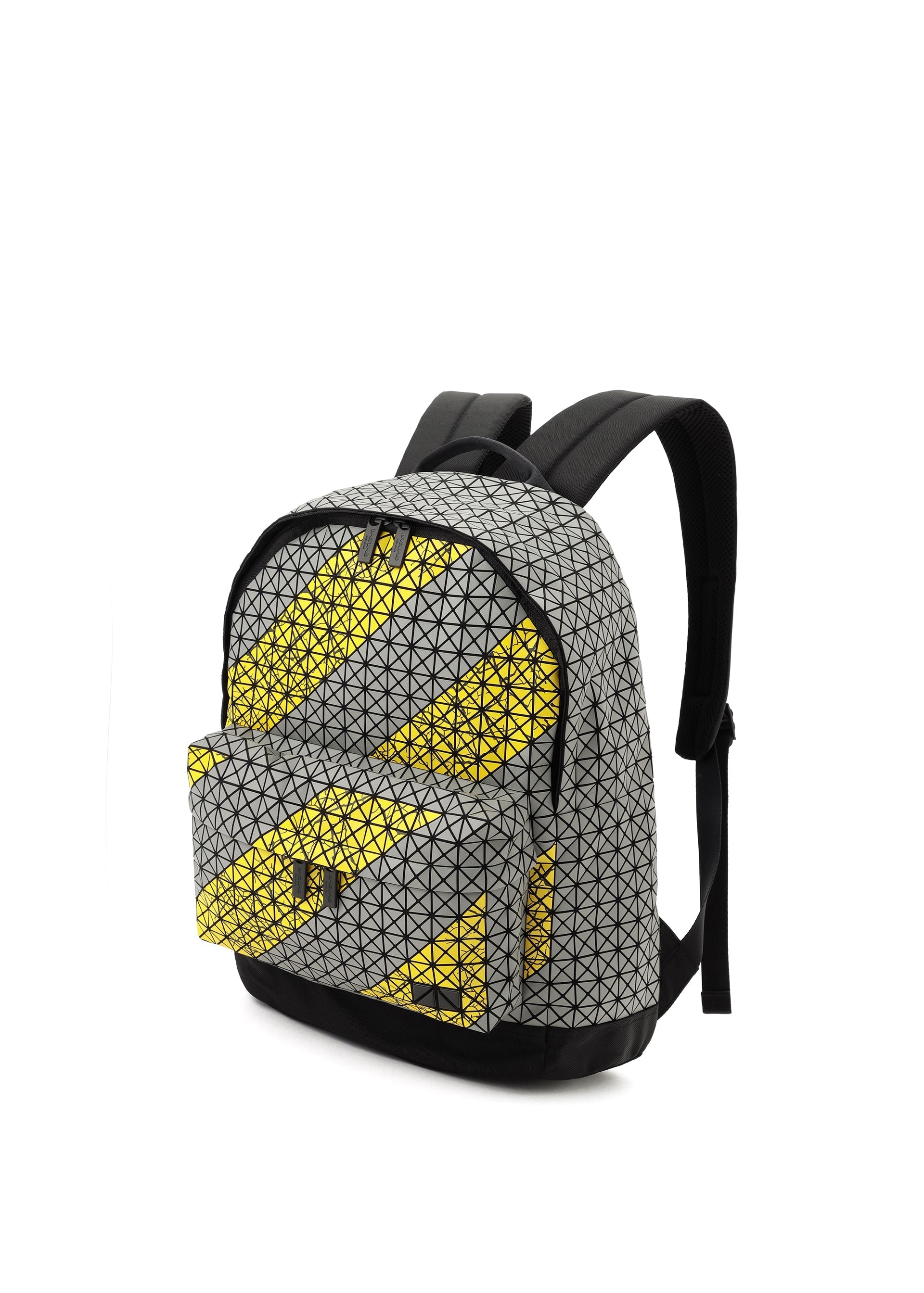 Zoomed view The DAYPACK AUTOBAHN by BAO BAO ISSEY MIYAKE is a unisex backpack with a 3D geometric triangle design in grey and black, diagonal yellow stripes, black straps, and a front zip pocket—ideal for everyday use.
