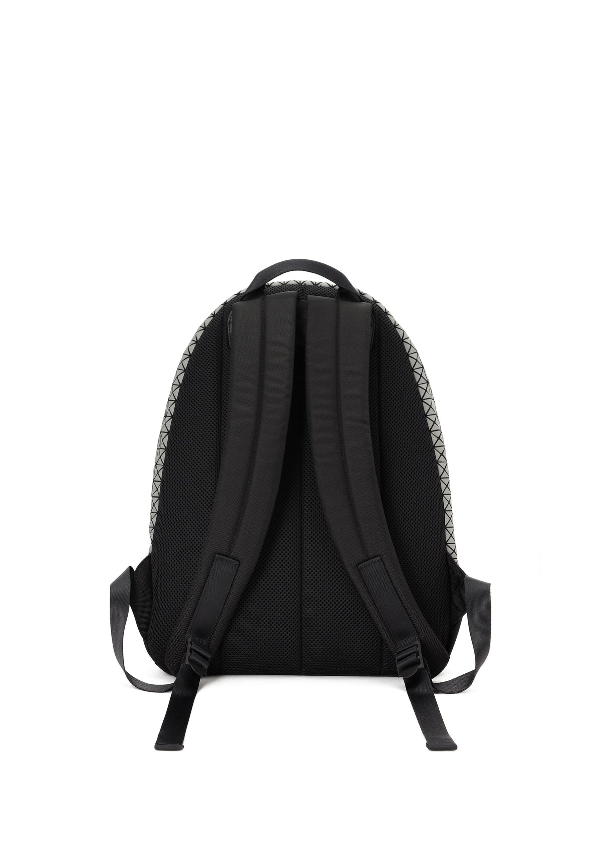 A black DAYPACK AUTOBAHN by BAO BAO ISSEY MIYAKE is shown from the back with padded shoulder straps, a top handle, mesh back panel, patterned side trim, and adjustable straps displayed on a plain white background. view 4 of 7