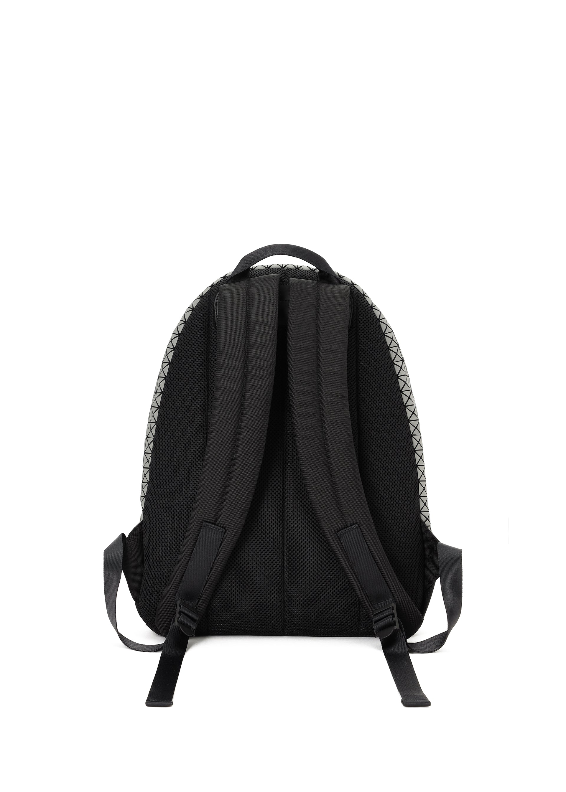 Zoomed view A black DAYPACK AUTOBAHN by BAO BAO ISSEY MIYAKE is shown from the back with padded shoulder straps, a top handle, mesh back panel, patterned side trim, and adjustable straps displayed on a plain white background.