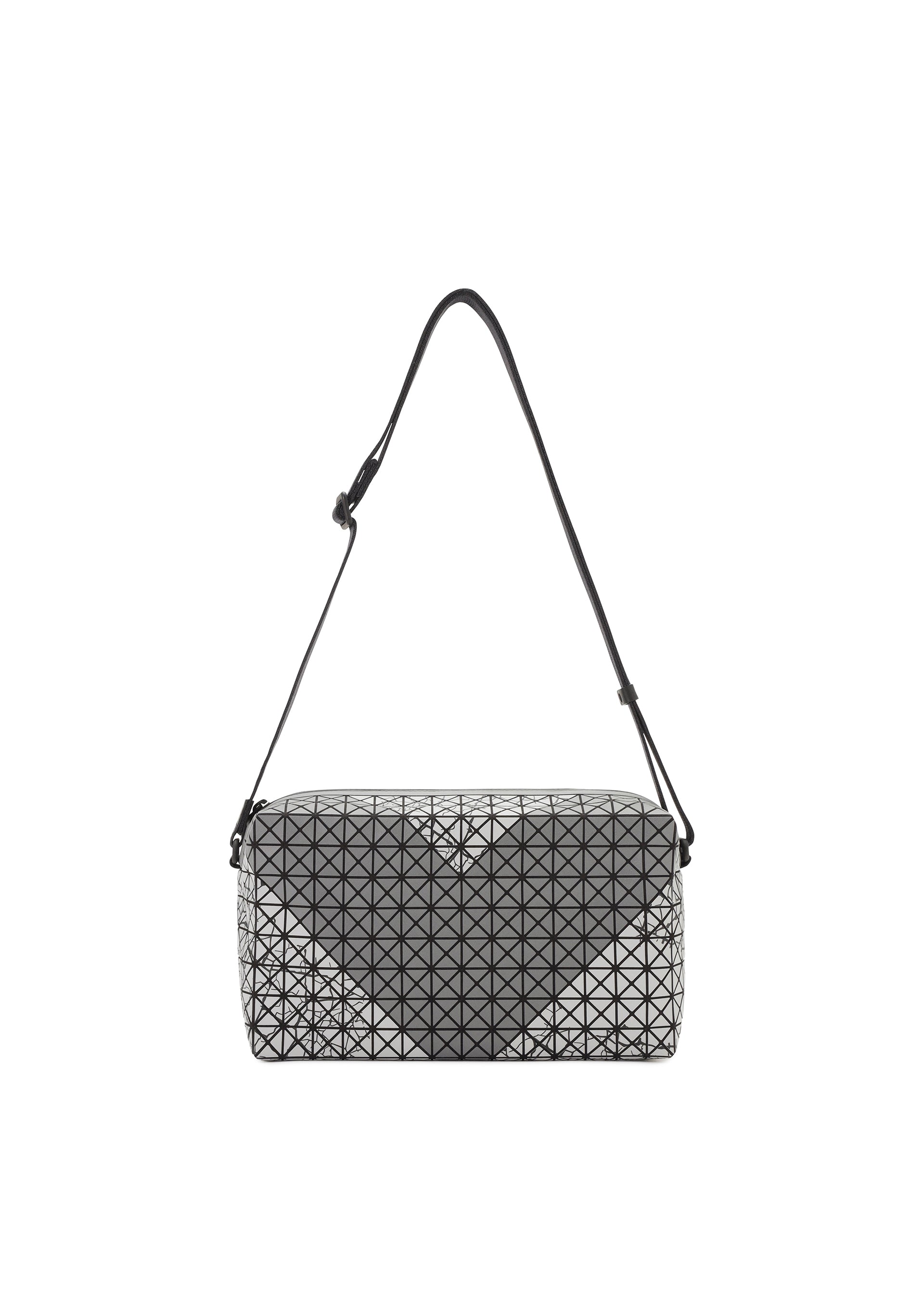 Zoomed view The SADDLE BAG AUTOBAHN by BAO BAO ISSEY MIYAKE is a rectangular black shoulder bag with a geometric triangular grid pattern, adjustable strap, and glossy finish. Photographed on a white background. - D.GRAY x LT.GRAY (no.19)