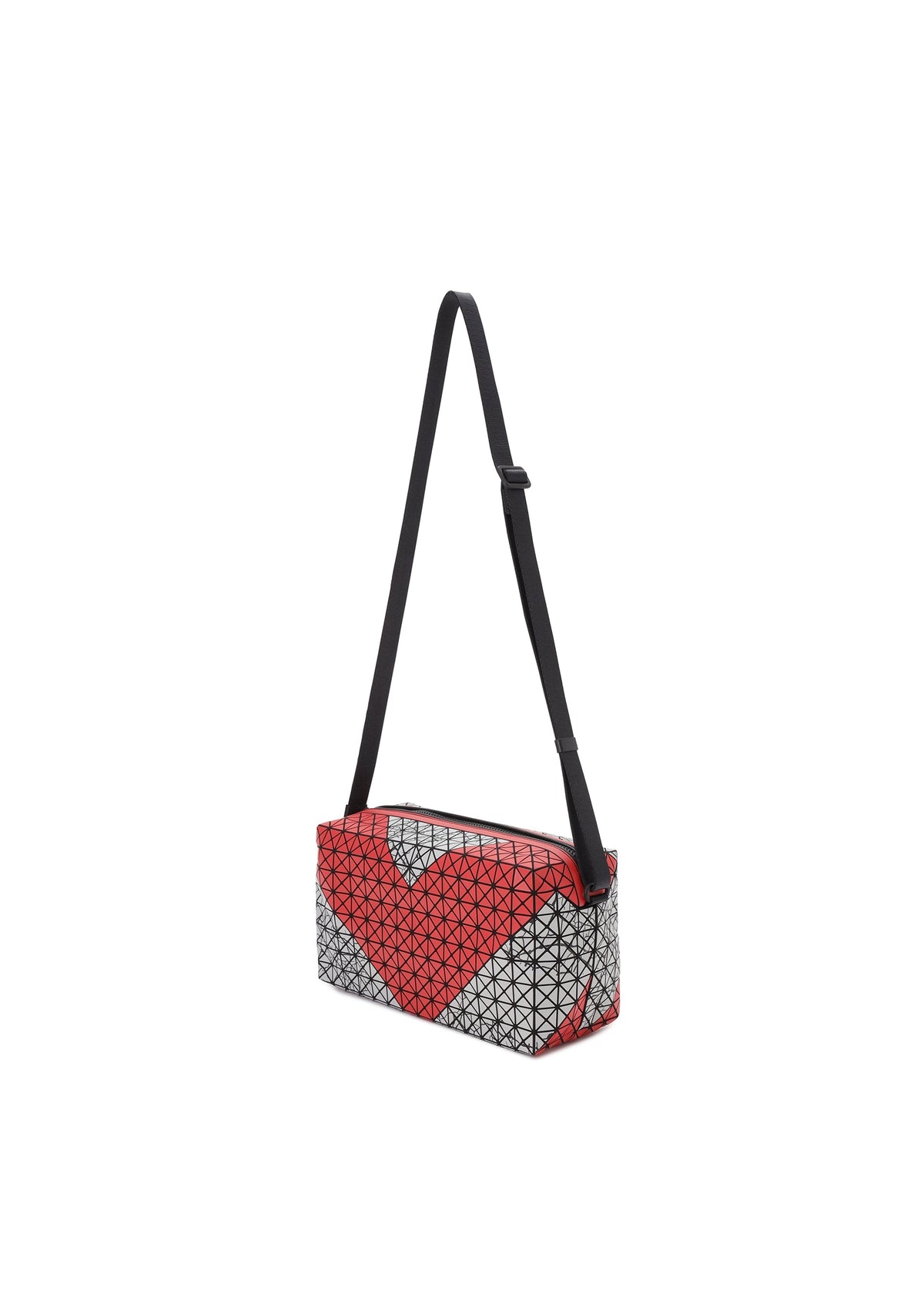 The SADDLE BAG AUTOBAHN by BAO BAO ISSEY MIYAKE features a geometric red and gray triangular pattern, a black adjustable strap, and is crafted from unlined dense fabric, shown against a white background. view 3 of 6