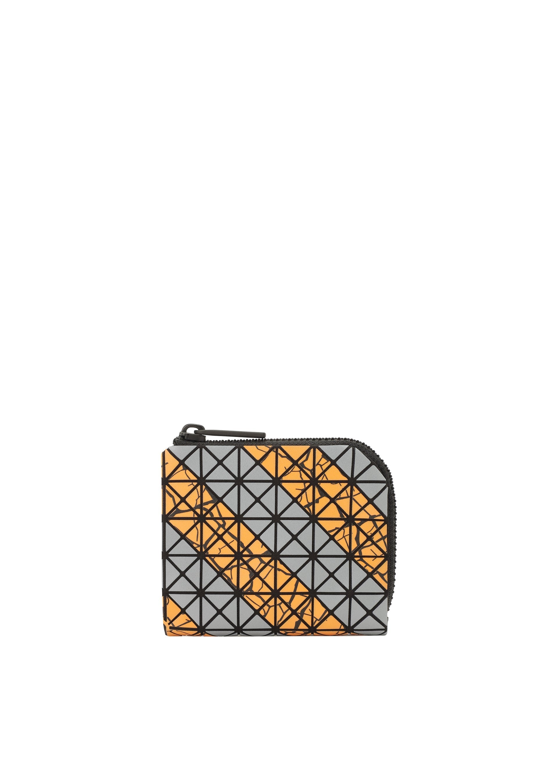Zoomed view The CLAM WALLET AUTOBAHN by BAO BAO ISSEY MIYAKE is a compact, square wallet featuring geometric black lines forming triangles, diagonal orange stripes with leaf patterns on grey, and an L-shaped zipper for convenient coin access. - GRAY×ORANGE (no.07)