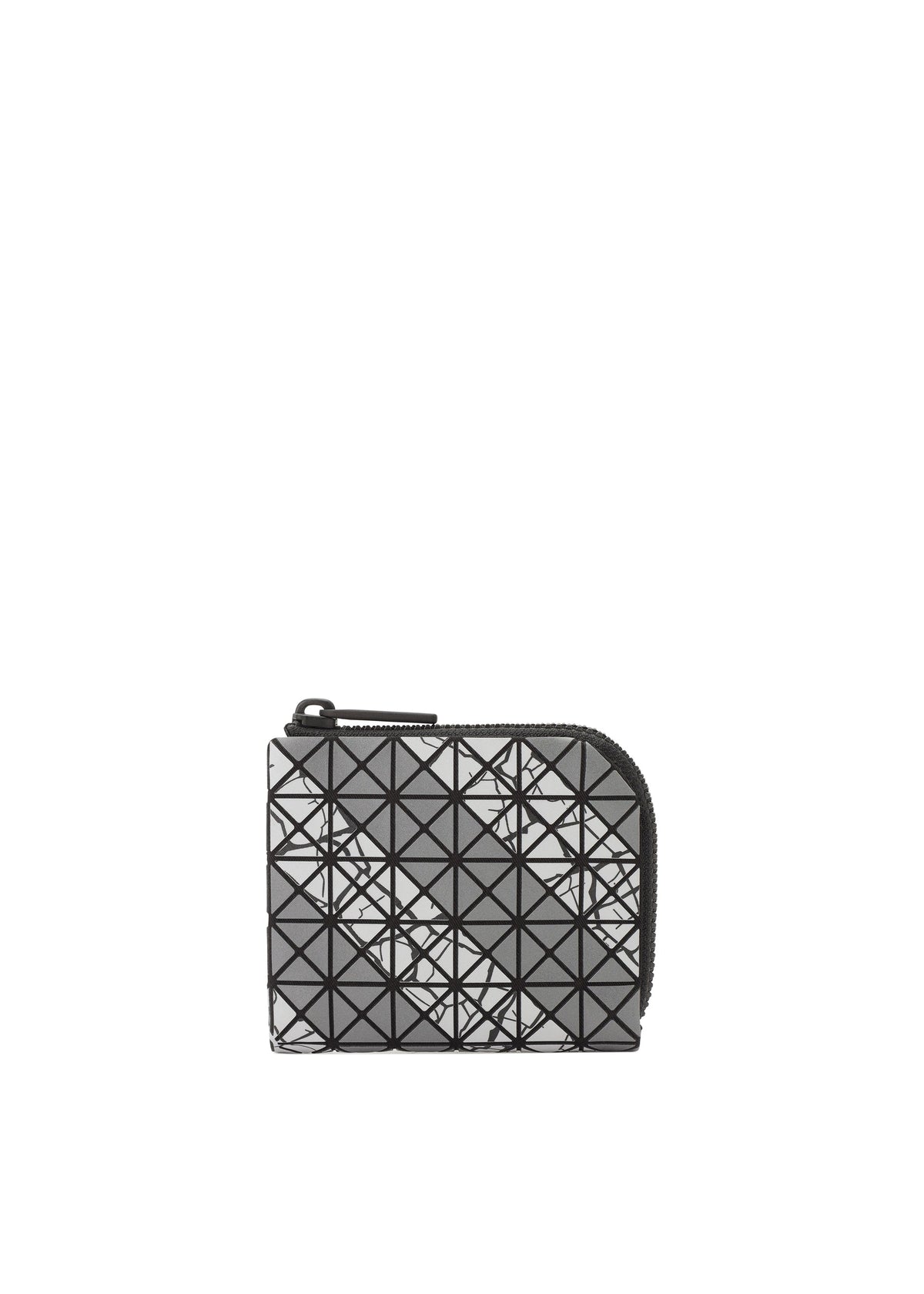 The CLAM WALLET AUTOBAHN by BAO BAO ISSEY MIYAKE is a compact square mini wallet with an L-shaped zipper, featuring a geometric black and gray triangle pattern and an abstract surface design. Includes a handy coin compartment for easy organization. view 2 of 4