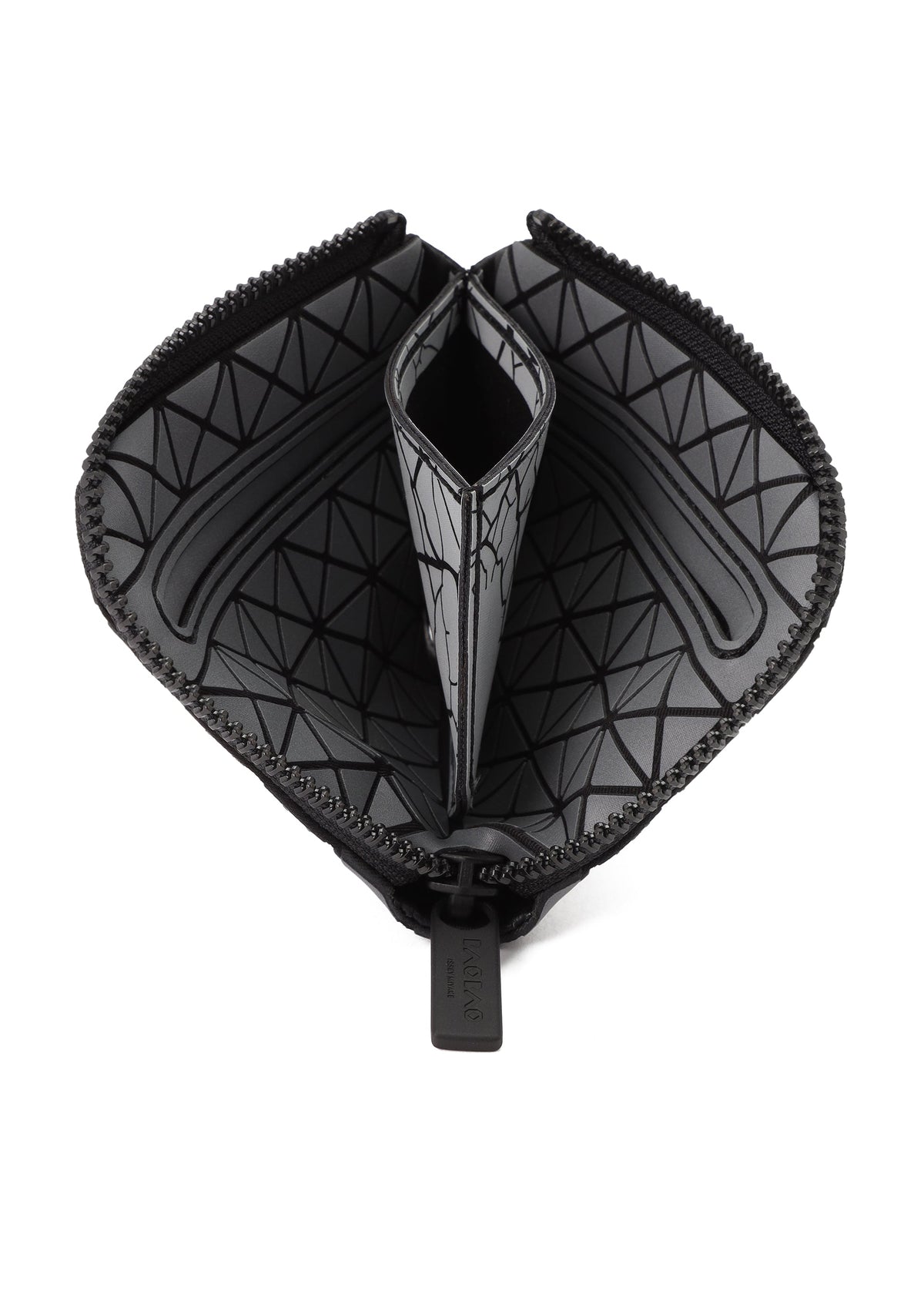 The CLAM WALLET AUTOBAHN by BAO BAO ISSEY MIYAKE is a black mini wallet with an L-shaped zipper, featuring a geometric patterned interior and multiple compartments for organizing cards, cash, and coins. view 4 of 4