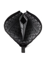 The CLAM WALLET AUTOBAHN by BAO BAO ISSEY MIYAKE is a black mini wallet with an L-shaped zipper, featuring a geometric patterned interior and multiple compartments for organizing cards, cash, and coins.