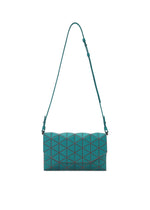 The TONNEAU MATTE shoulder bag by BAO BAO ISSEY MIYAKE features a turquoise geometric pattern with sleek triangular shapes, an adjustable strap, and a modern, minimalist design. This stylish bag is shown on a white background. - VIRIDIAN （no.69）